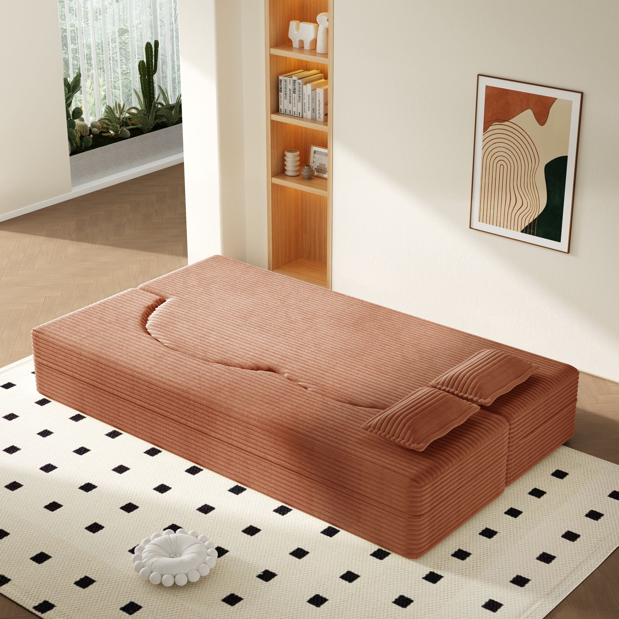 Modern Floor Sofa With 2 Pillows, Convertible Twin Size Folding Mattress For Living Room