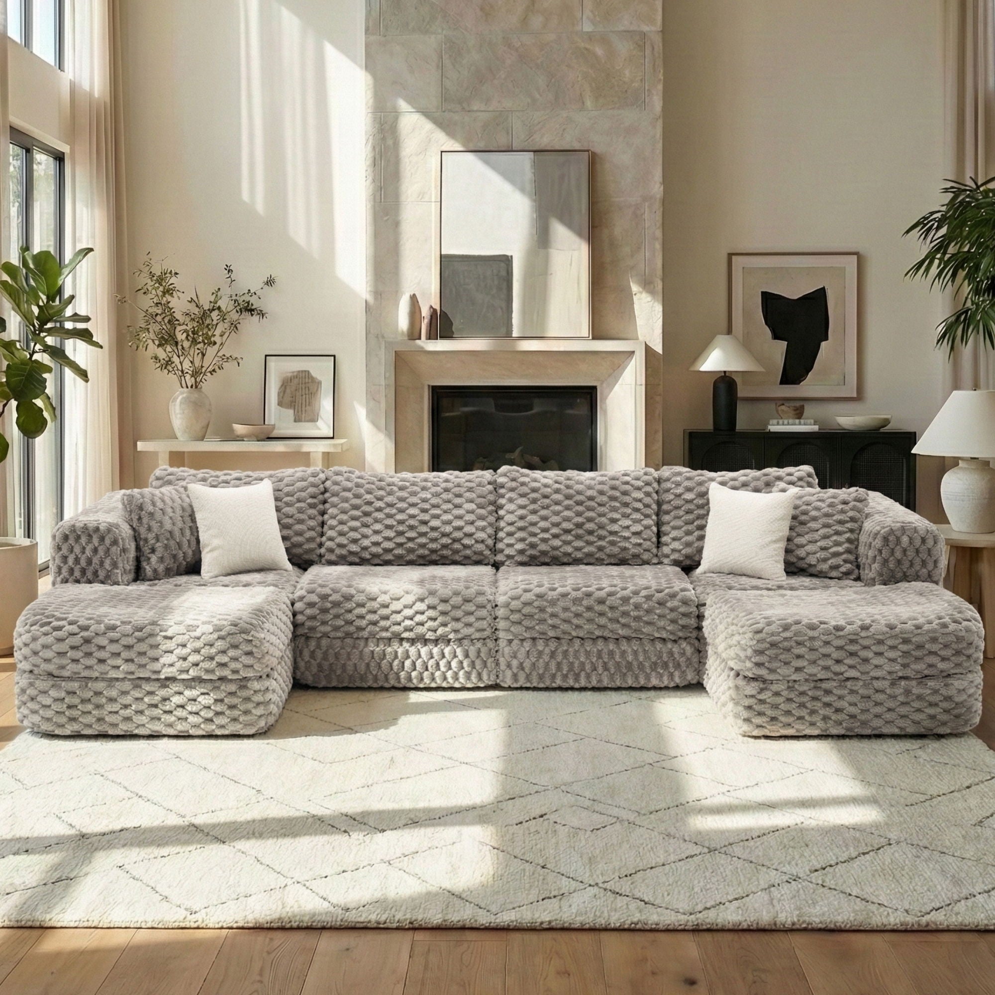 Modular Sectional Sofa, Boneless Couch With 2 Movable Ottomans
