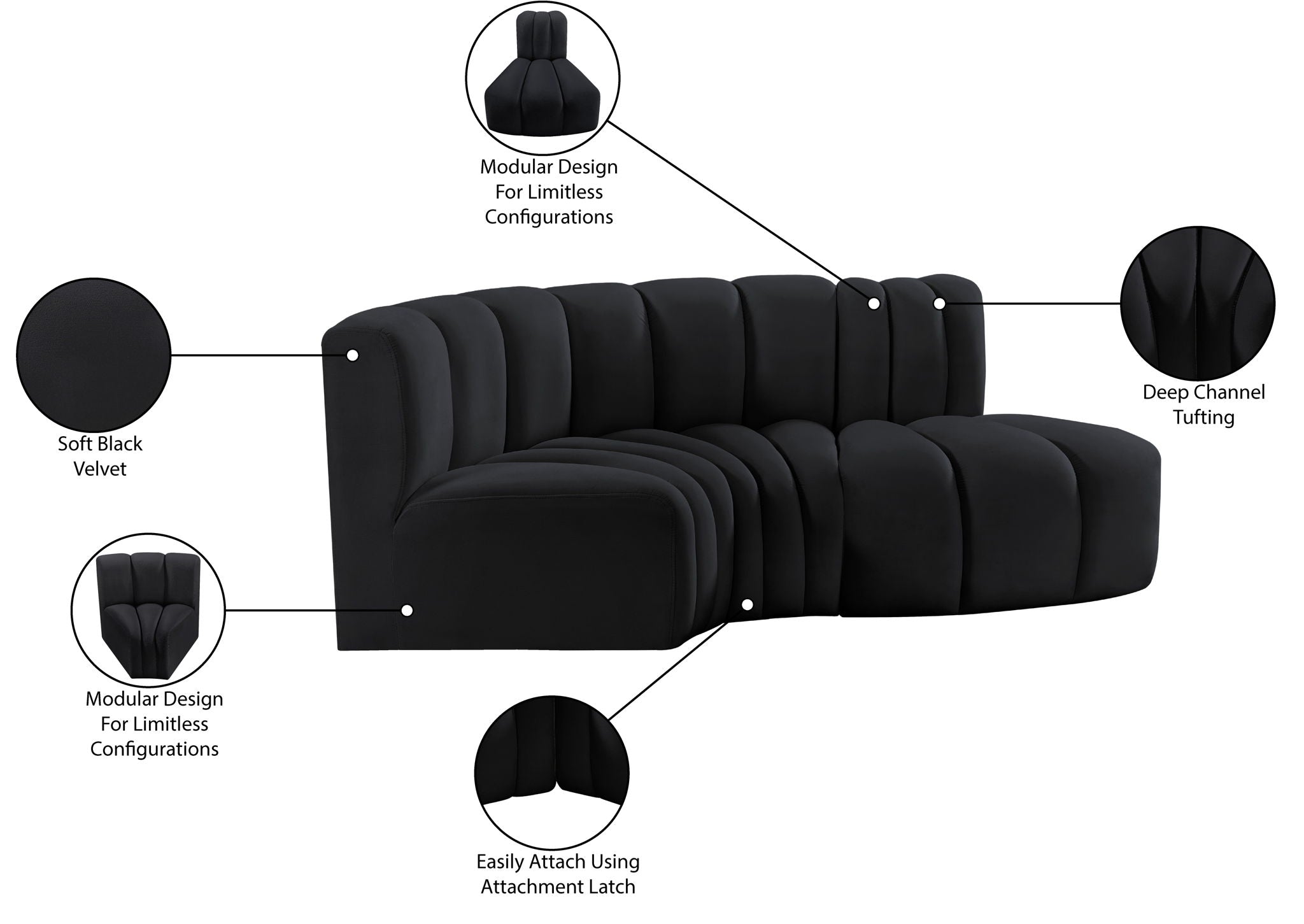 Arc - Velvet 3 Piece Modular L-Shaped Sofa
