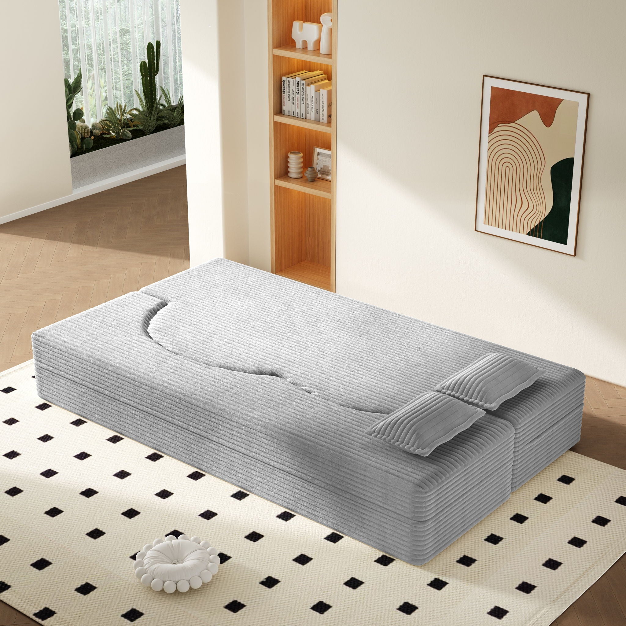 Floor Sofa With 2 Pillows, Convertible Twin Size Mattress For Living Room