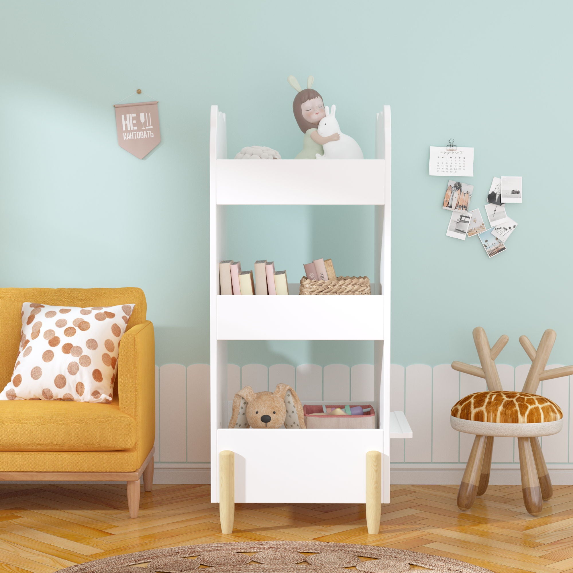 Bear Shaped Bookshelf With Chalkboard Side, 3 Tier Storage Organizer For Playroom - White