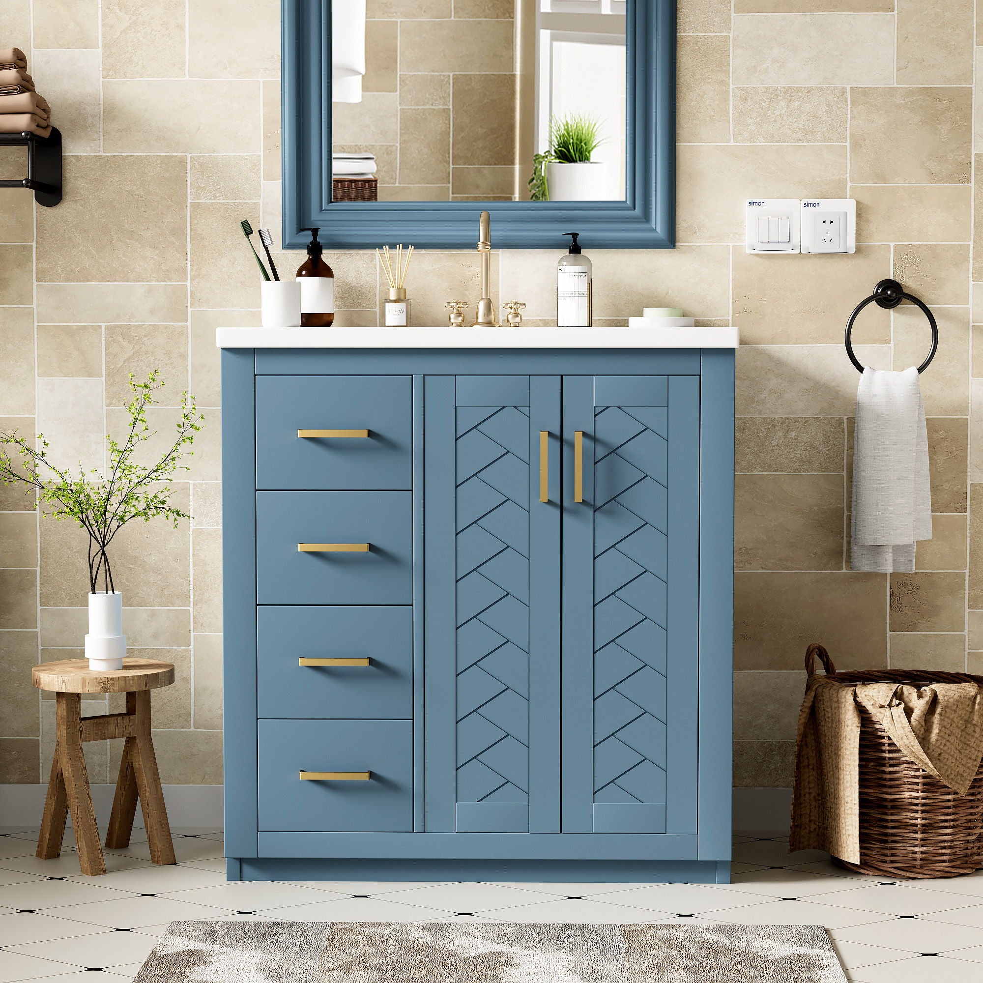 Ceramic Sink Combo, Freestanding Vanity Set With 3 Drawers & Soft Closing Doors