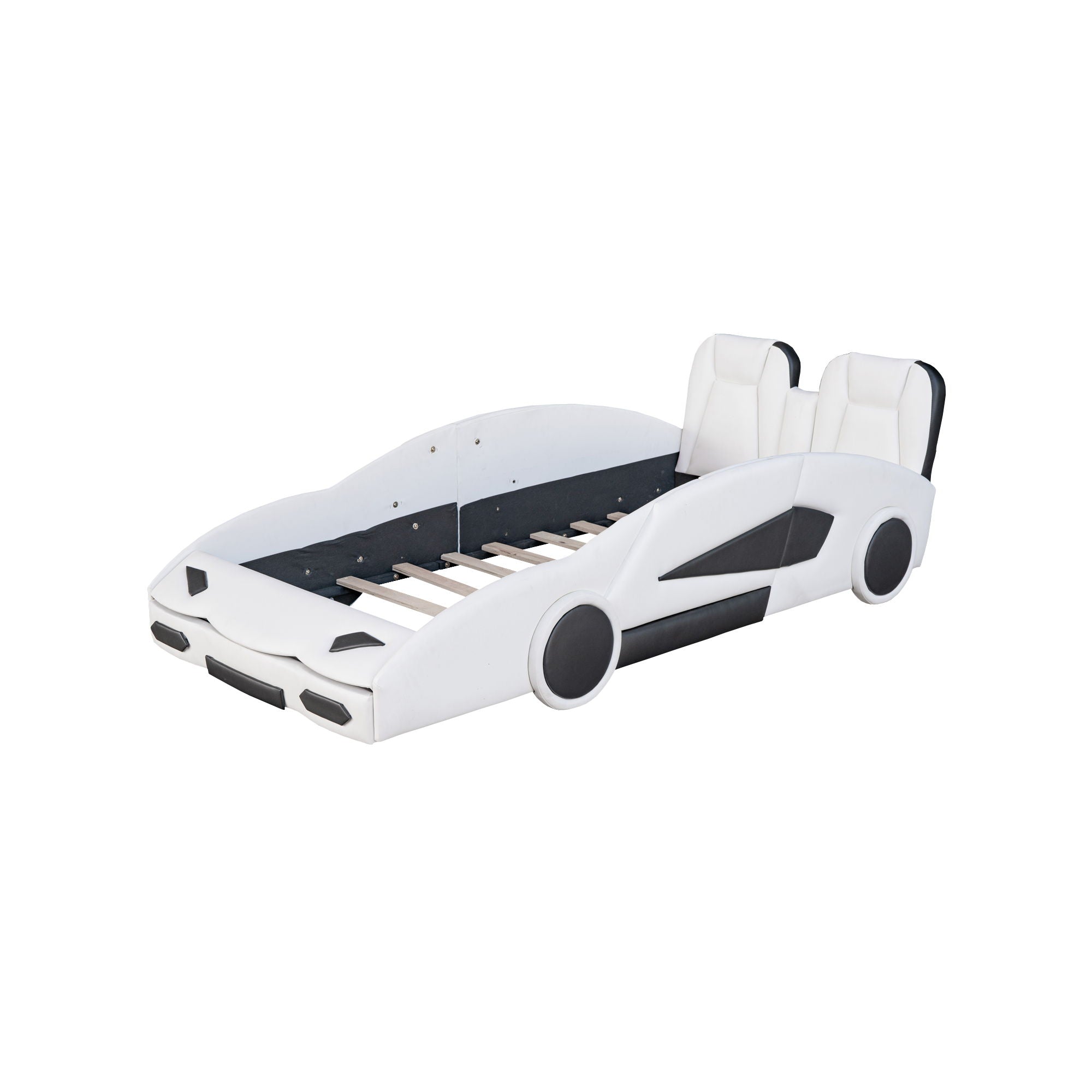 Race Car Shaped Twin Platform Bed With Wheels, Pine Wood Construction