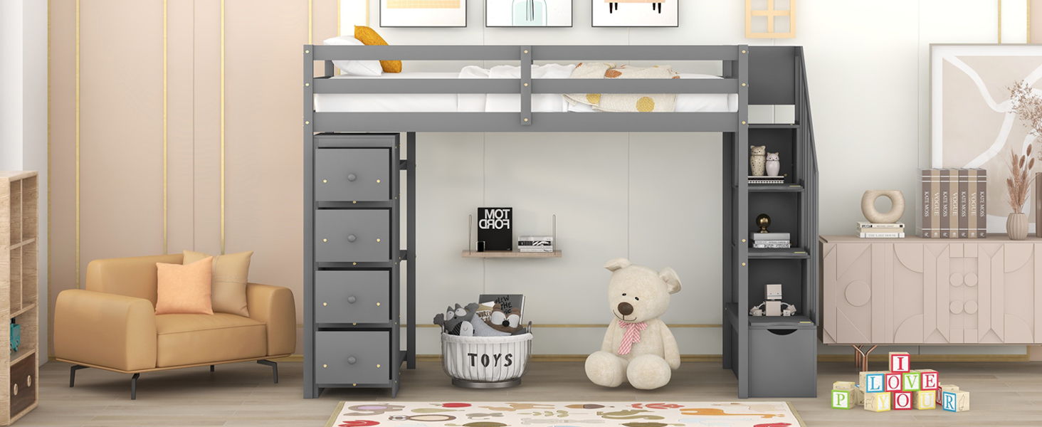Loft Bed With Storage Drawers And Stairs With Shelves
