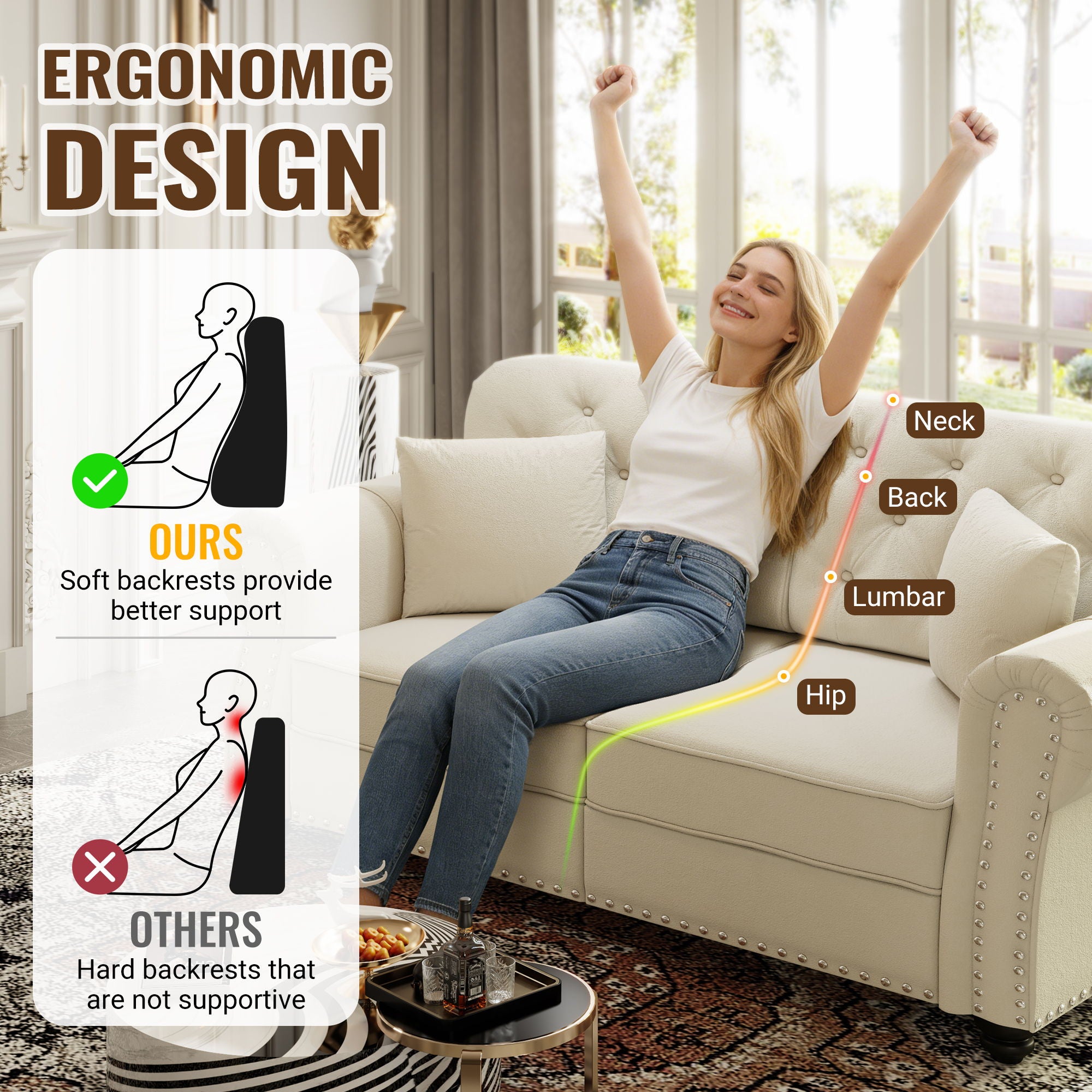 Upholstered Sofa Set With Nailhead Trim And Rolled Armrests, Includes Pillows