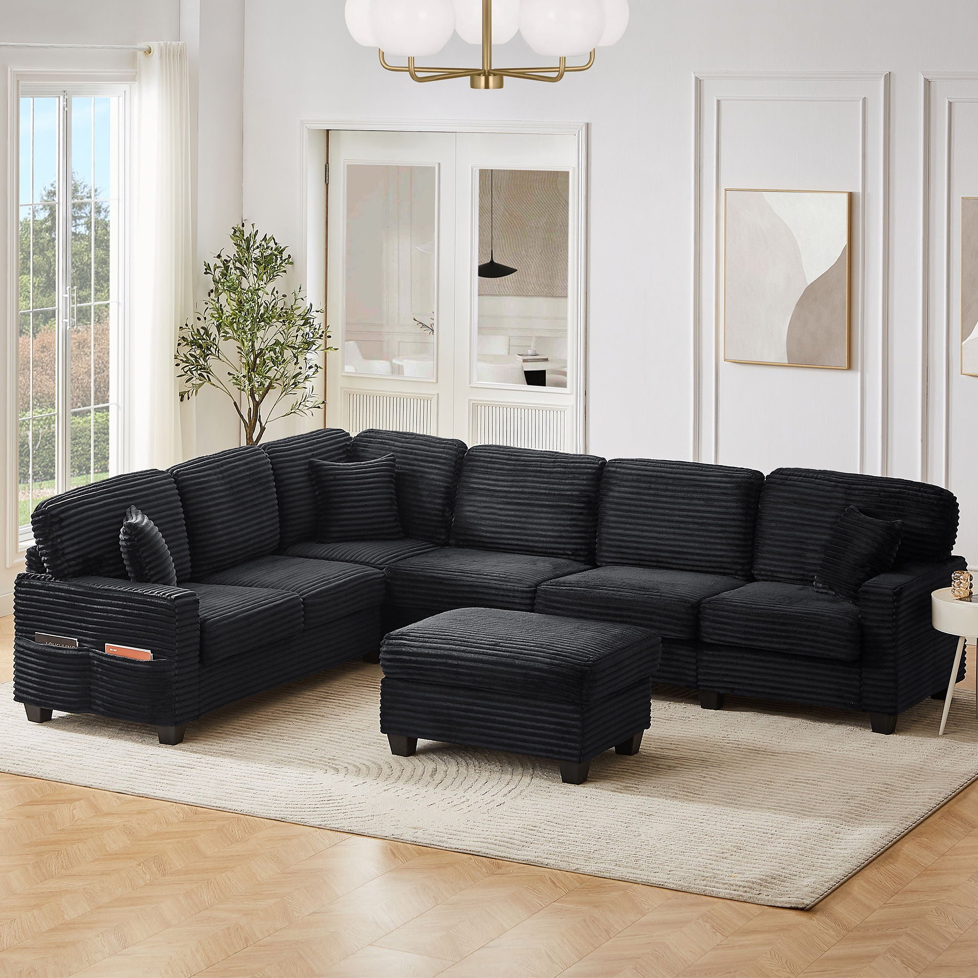 Upholstered U-Shaped Sectional Sofa With Movable Ottoman And Side Storage Pockets