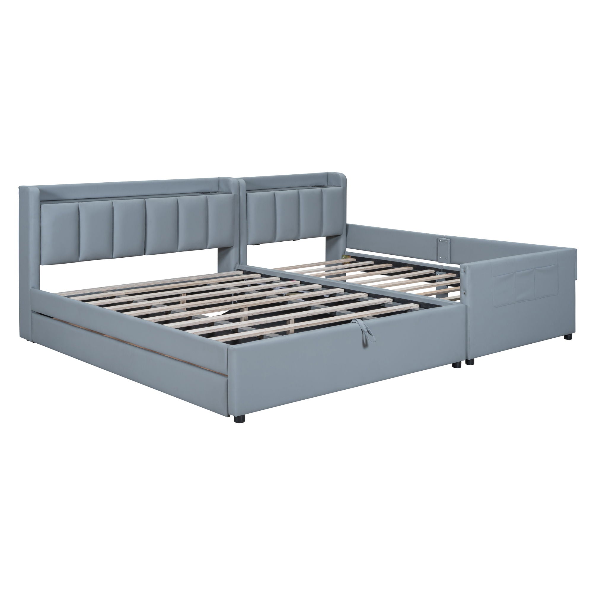 Upholstered Mother & Child Bed With Hydraulic Storage System, Drawer Box, Bedhead Storage Shelf And 2 Pairs Of Sockets & USB Ports