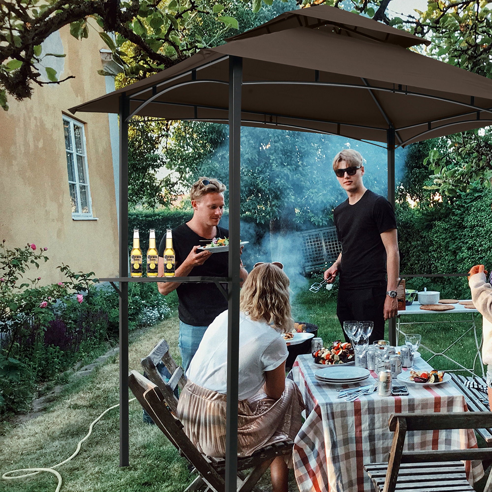 Outdoor Grill Gazebo With Double Tier Soft Top Canopy, Steel Frame, Bar Counters & Hook