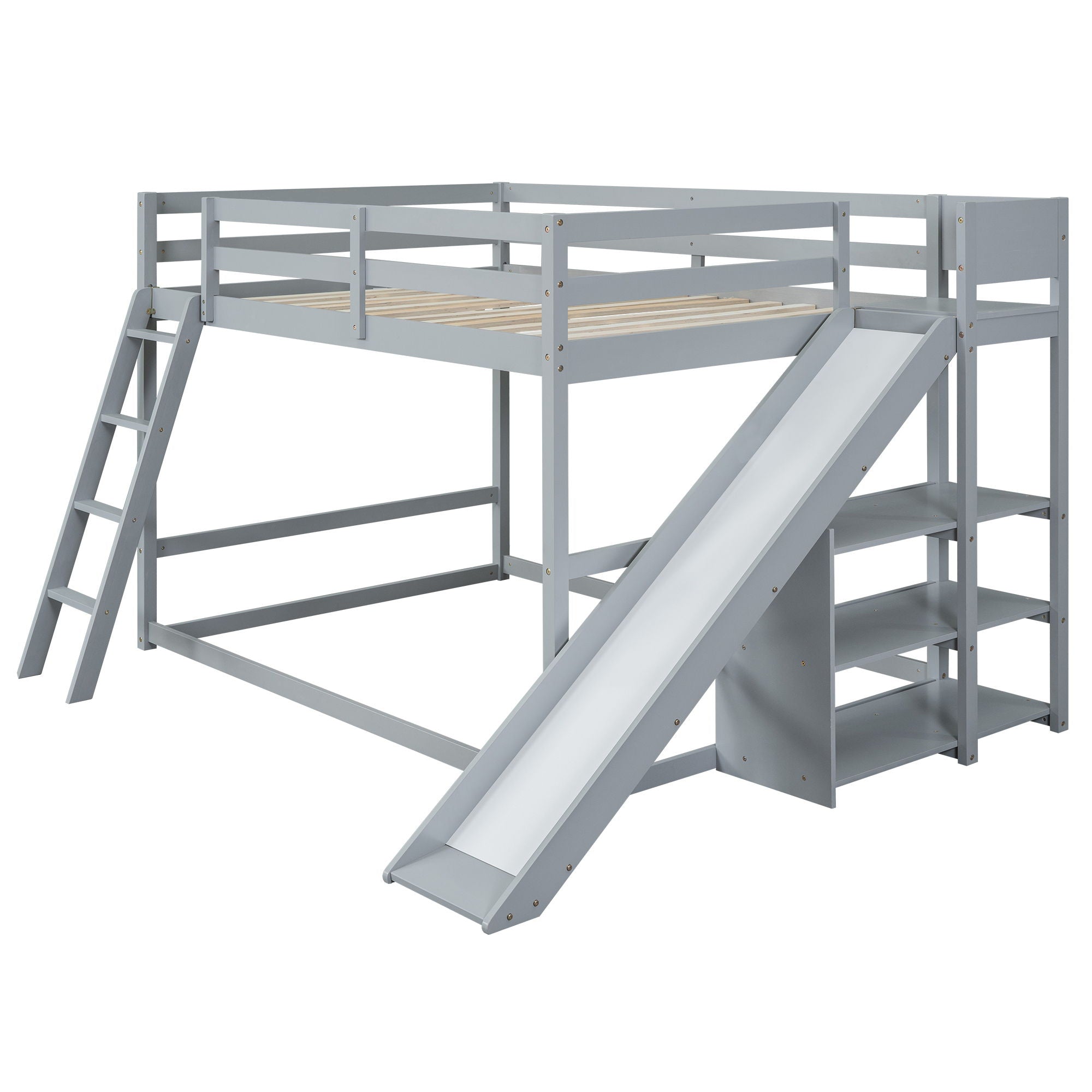 Bunk Bed With Ladder, Slide, And Shelves Pine Wood