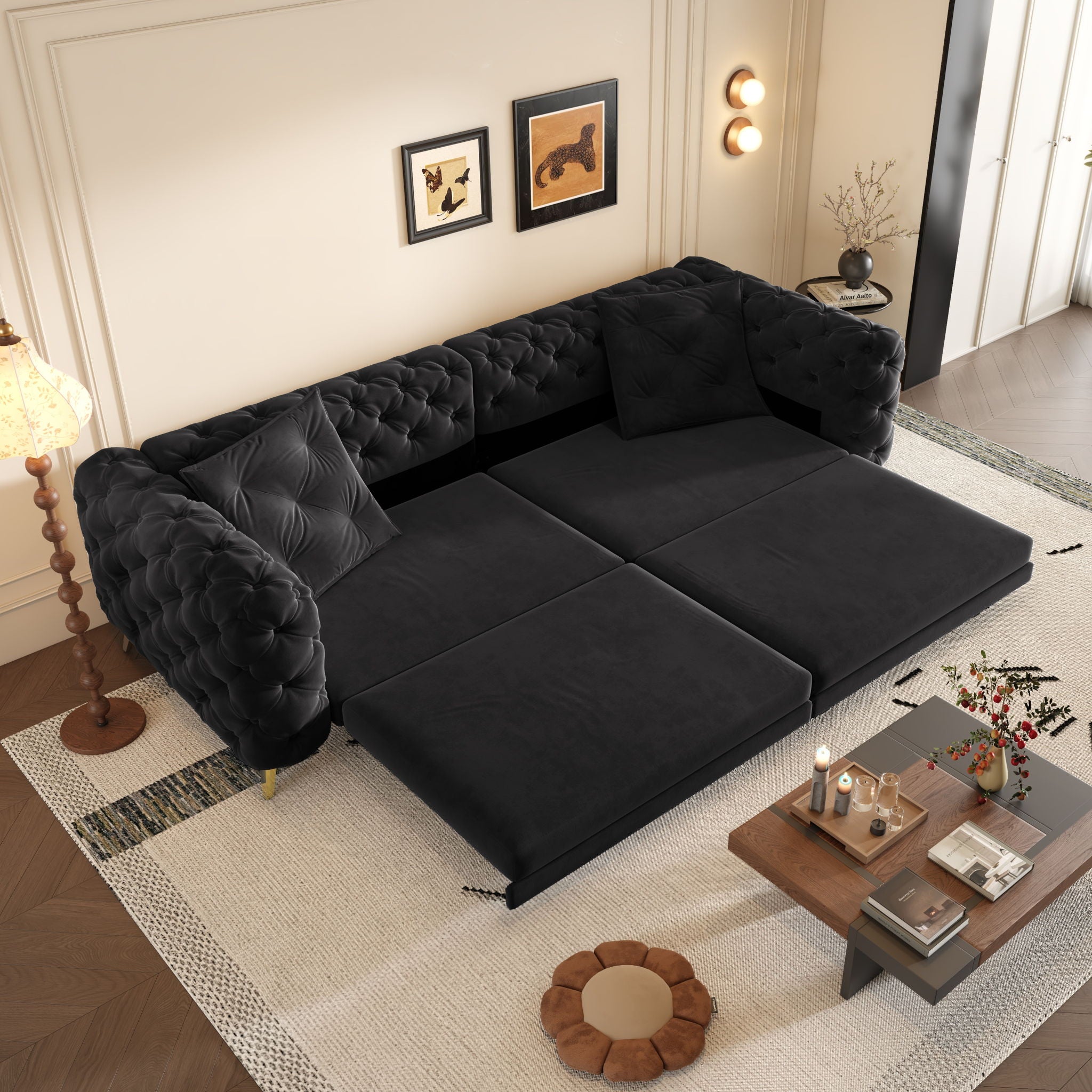 3 In 1 Convertible Sleeper, Deep Seat Pull Out Sofa Bed, Button Tufted