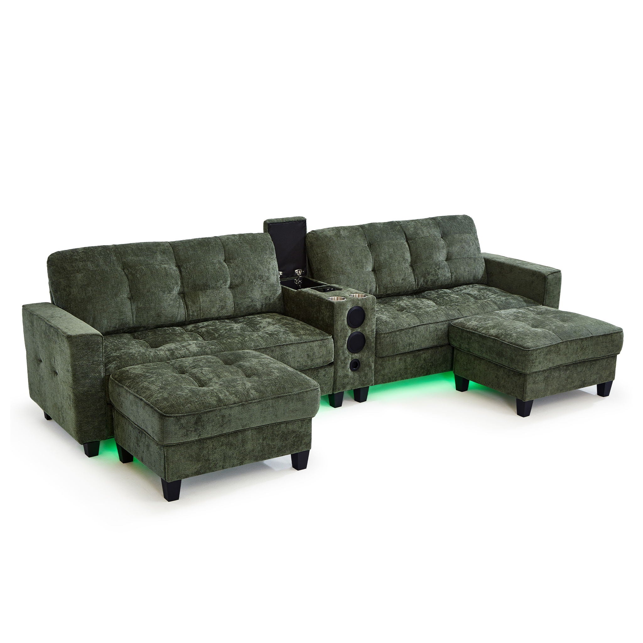 Modern Sectional Sofa U-Shaped With Movable Ottomans, tooth Speakers, LED Lights And Modular Storage