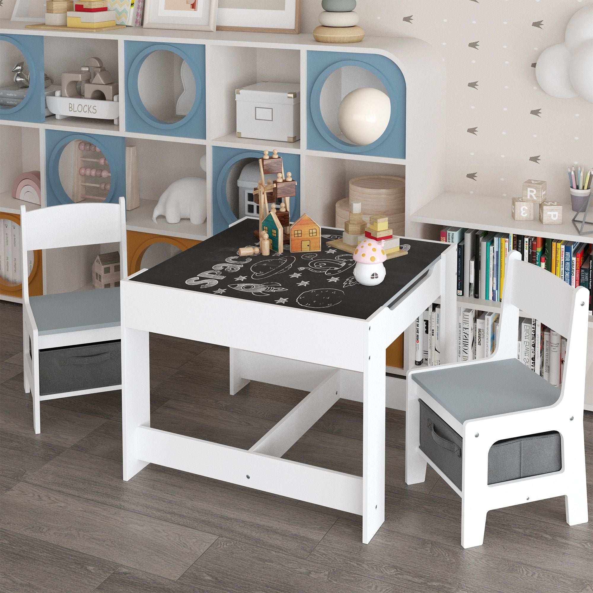Kids Table And Chair Set, 3 In 1 Activity Table With Storage Drawer For Toddlers Drawing, Reading, Crafts, 2 In 1 Detachable Top - White
