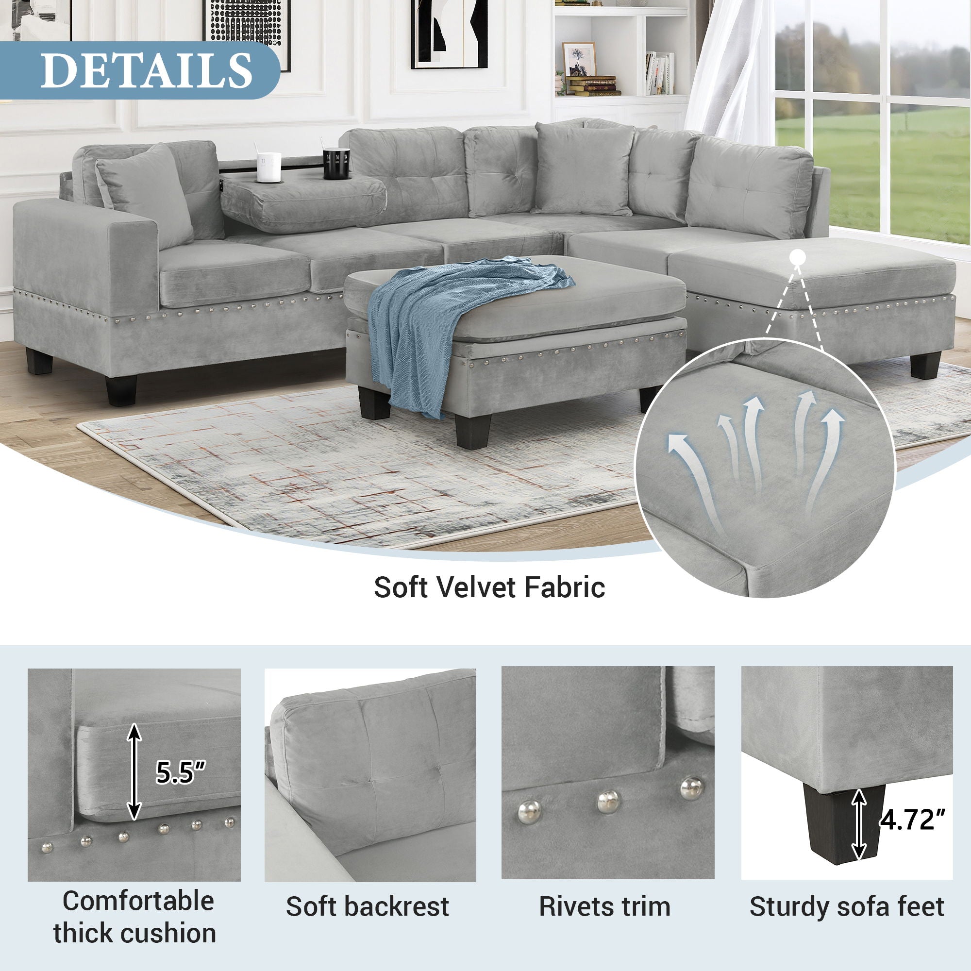 Modern Sectional Sofa With Storage Ottoman, L - Shape Couch With 2 Pillows And Cup Holders