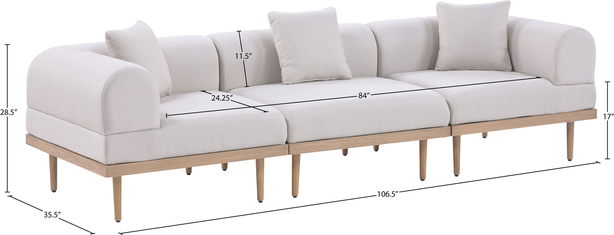 Laguna - 3 Piece Resilient Water Resistant Fabric 106.5" Upholstered Outdoor Patio Modular Sofa