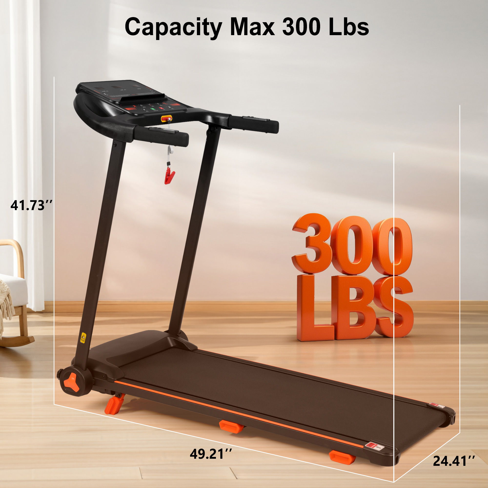 2.5Hp Quiet Folding Treadmill With Heart Rate Sensor, 300Lbs Weight Capacity, With USB Charge Station For Android & Bluetooth Speaker, 6 Shock Absorbing - Black