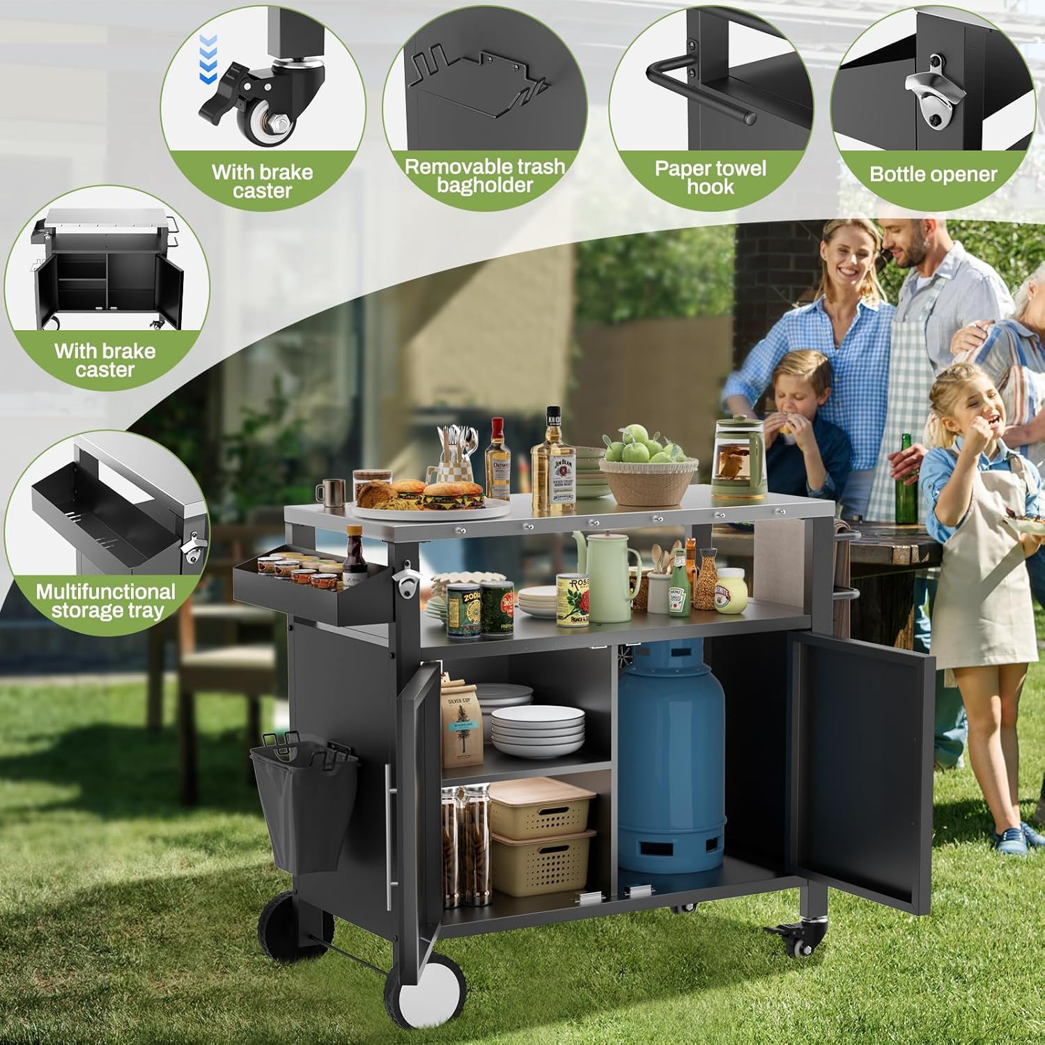 Outdoor Grill Cart With Storage, Rolling Bar Cart With Hooks And Spice Rack Stainless Steel