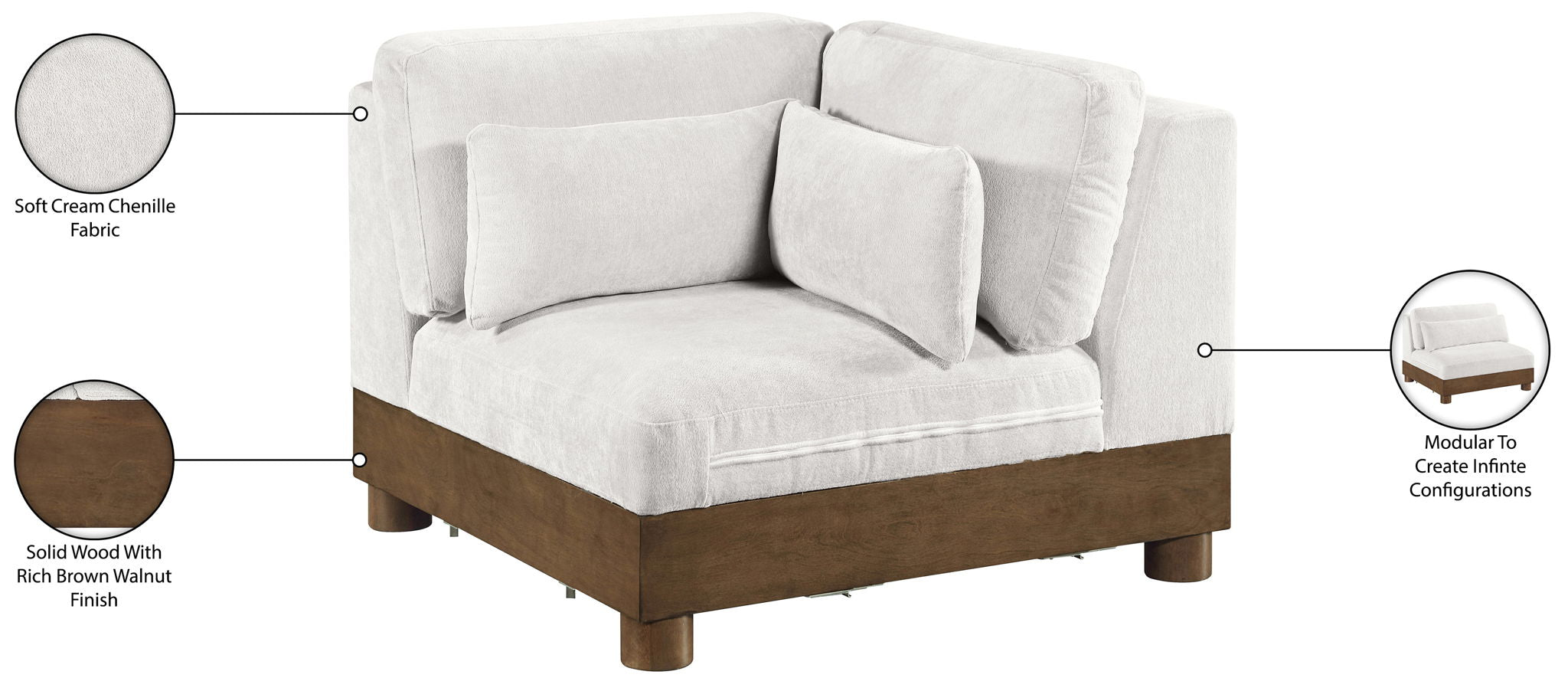 Turin - Chenille Fabric Upholstered Modular Corner Chair - Walnut Base