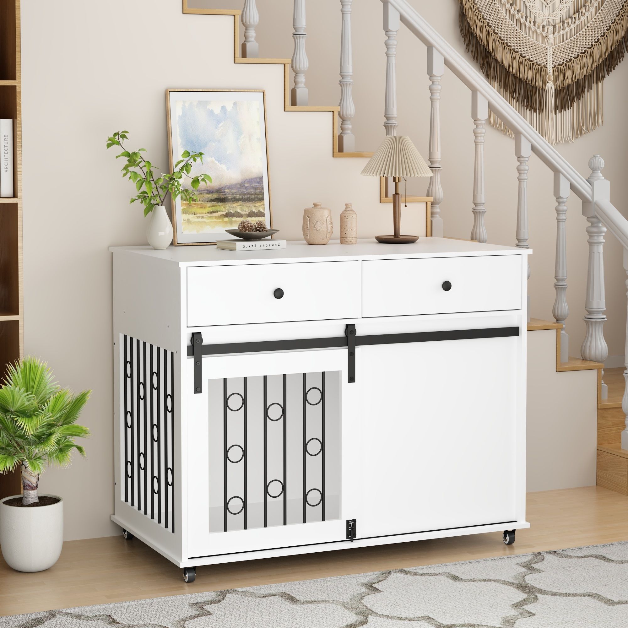 Dog Crate Furniture With Double Drawers And Sliding Barn Door, Pet Kennel For Small To Medium Dogs - White