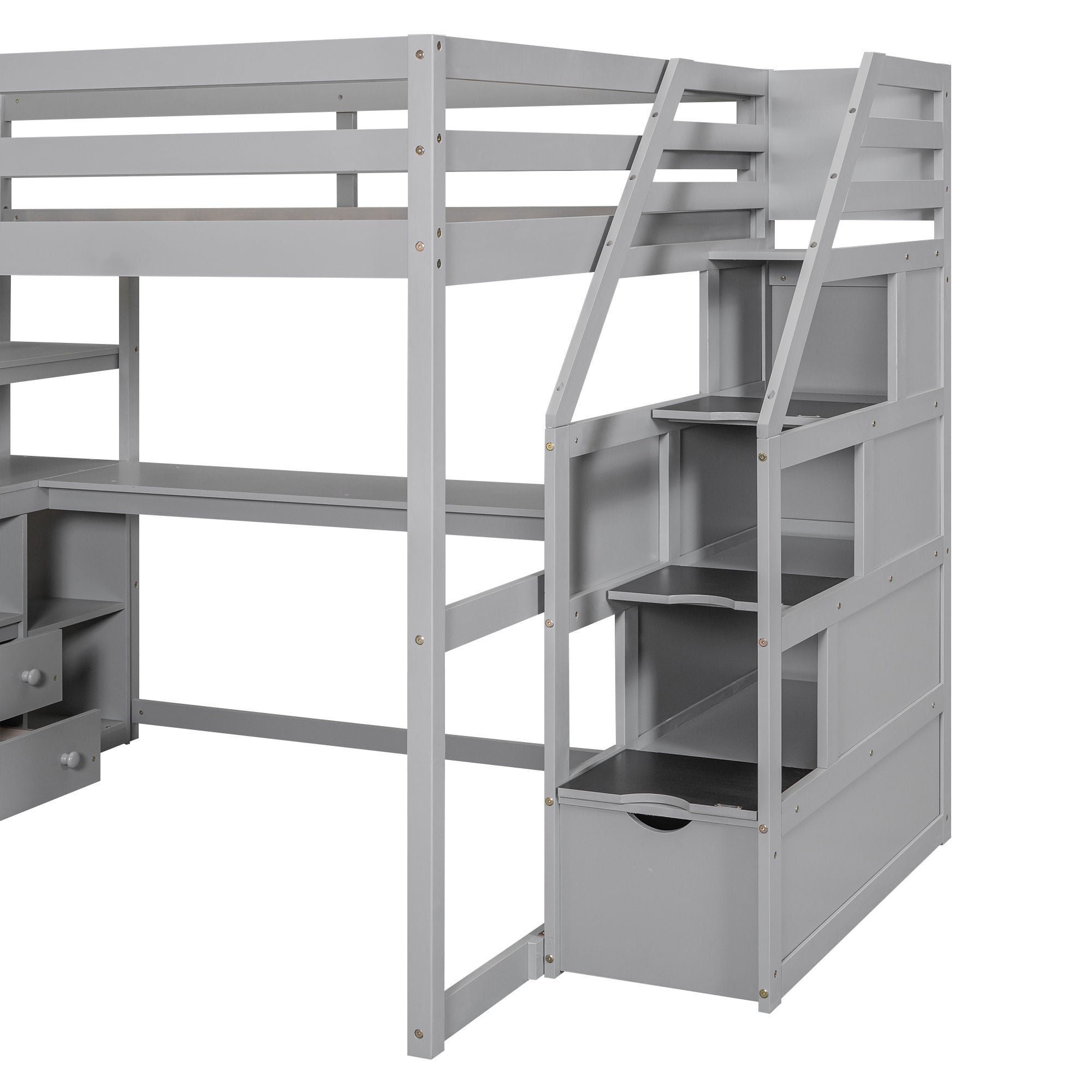 Loft Bed With Desk, Shelves, 2 Drawers, Storage Staircase