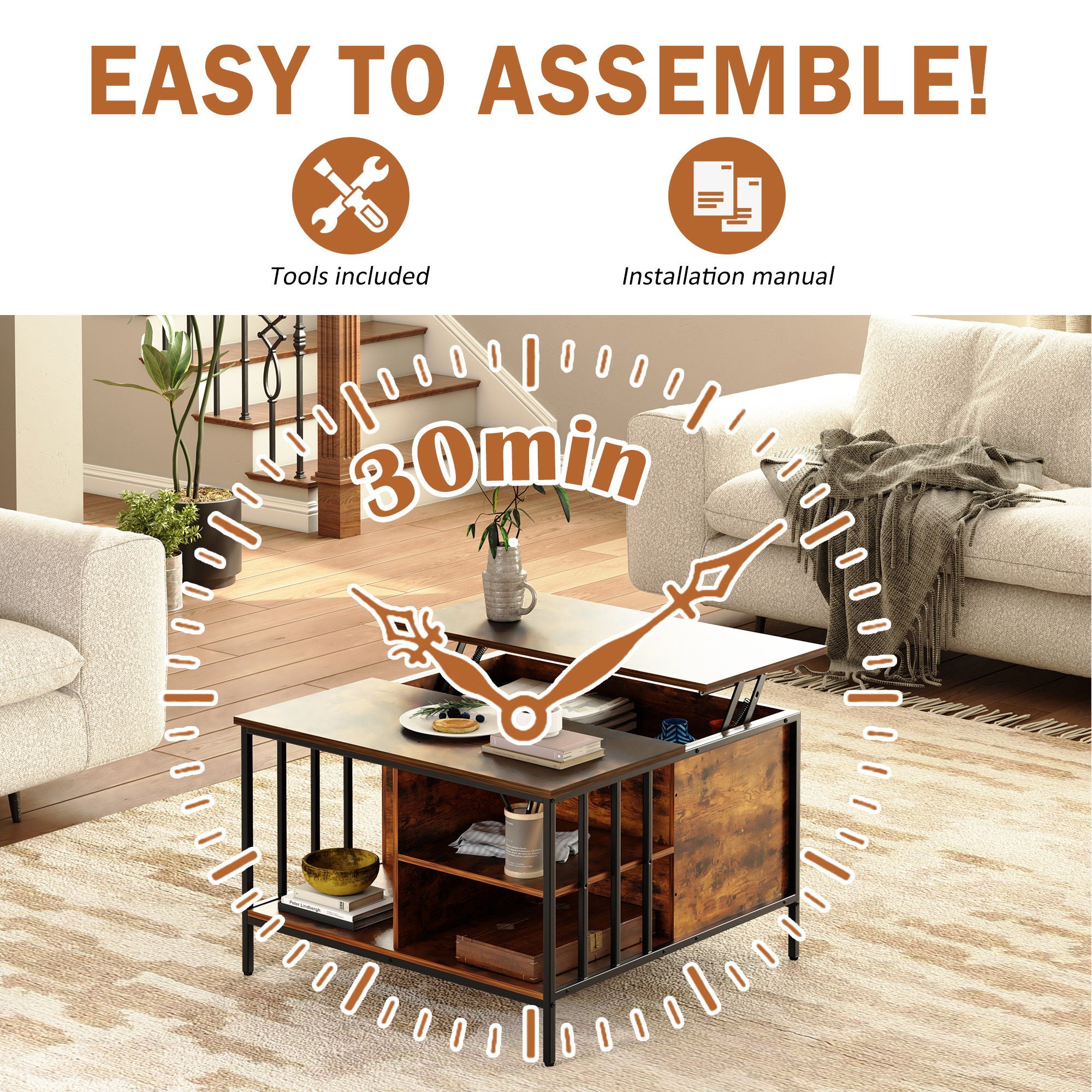 Flip-Top Coffee Table With Storage Lift-Top Design With Hidden Compartment - Black