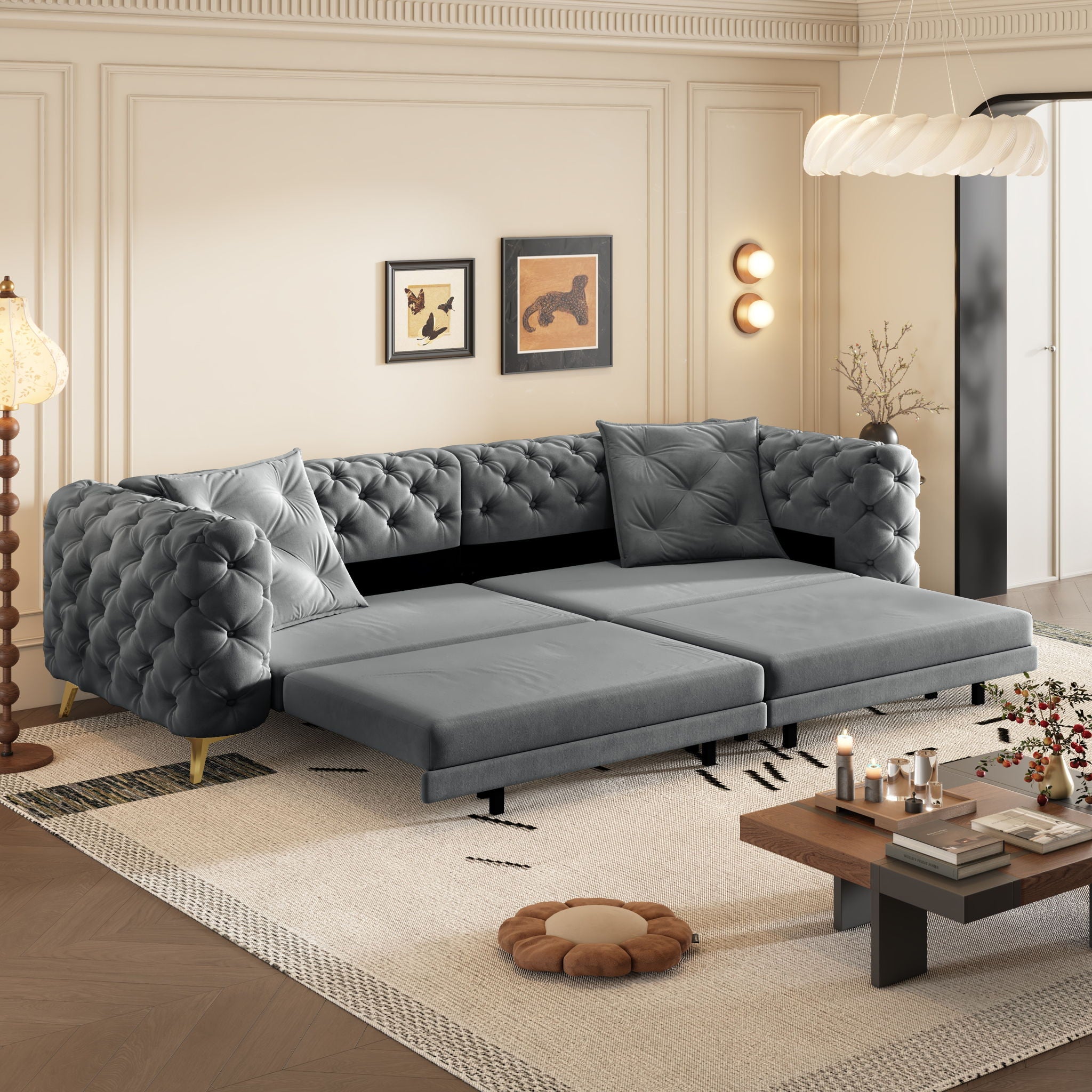 3 In 1 Convertible Sleeper, Deep Seat Pull Out Sofa Bed, Button Tufted