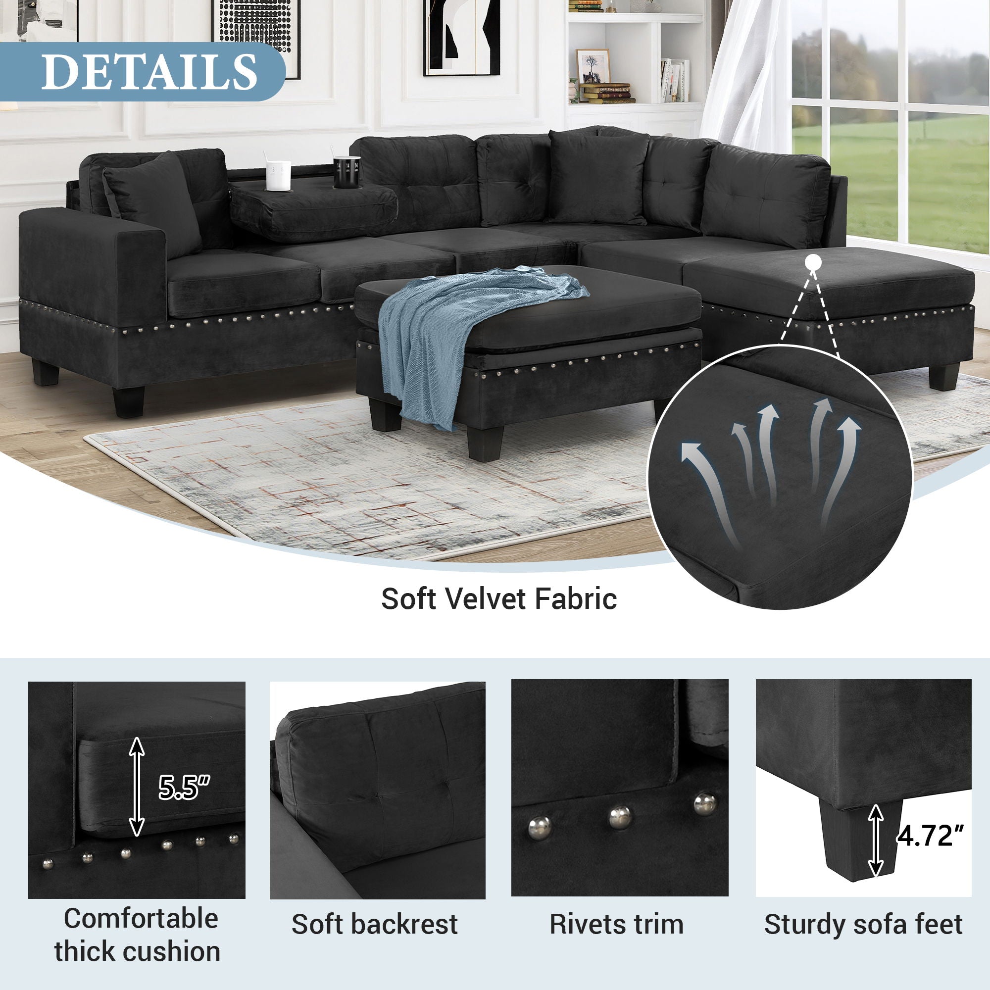 Modern Sectional Sofa With Storage Ottoman, L - Shape Couch With 2 Pillows And Cup Holders