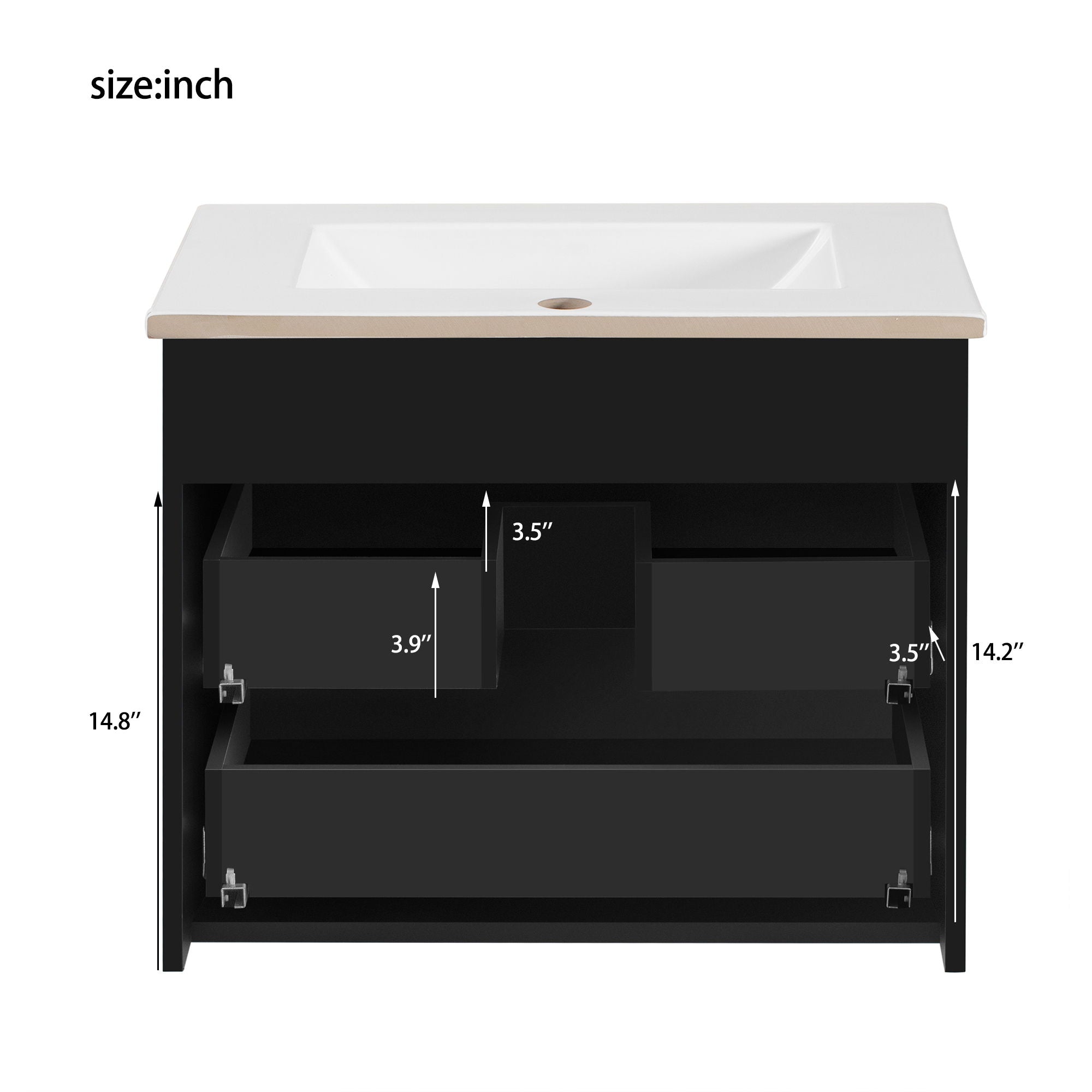 Wall Mounted Floating Cabinet With Double Drawer, Rectangular Sink