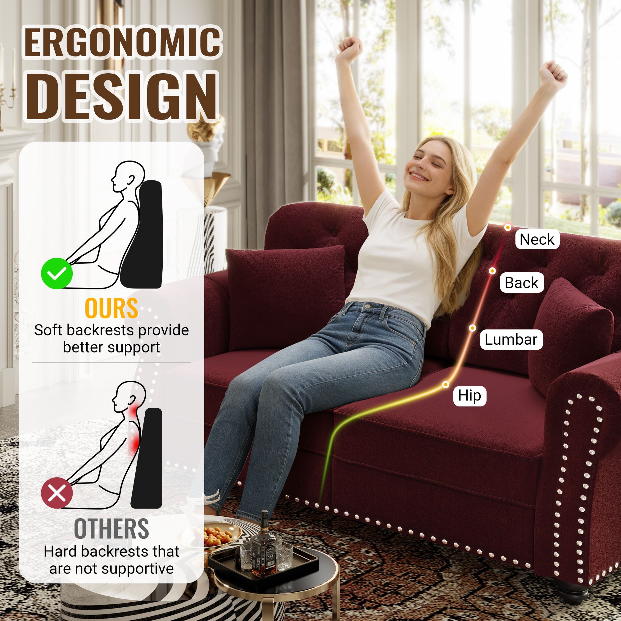 Upholstered Sofa Set With Nailhead Trim And Rolled Armrests, Includes Pillows