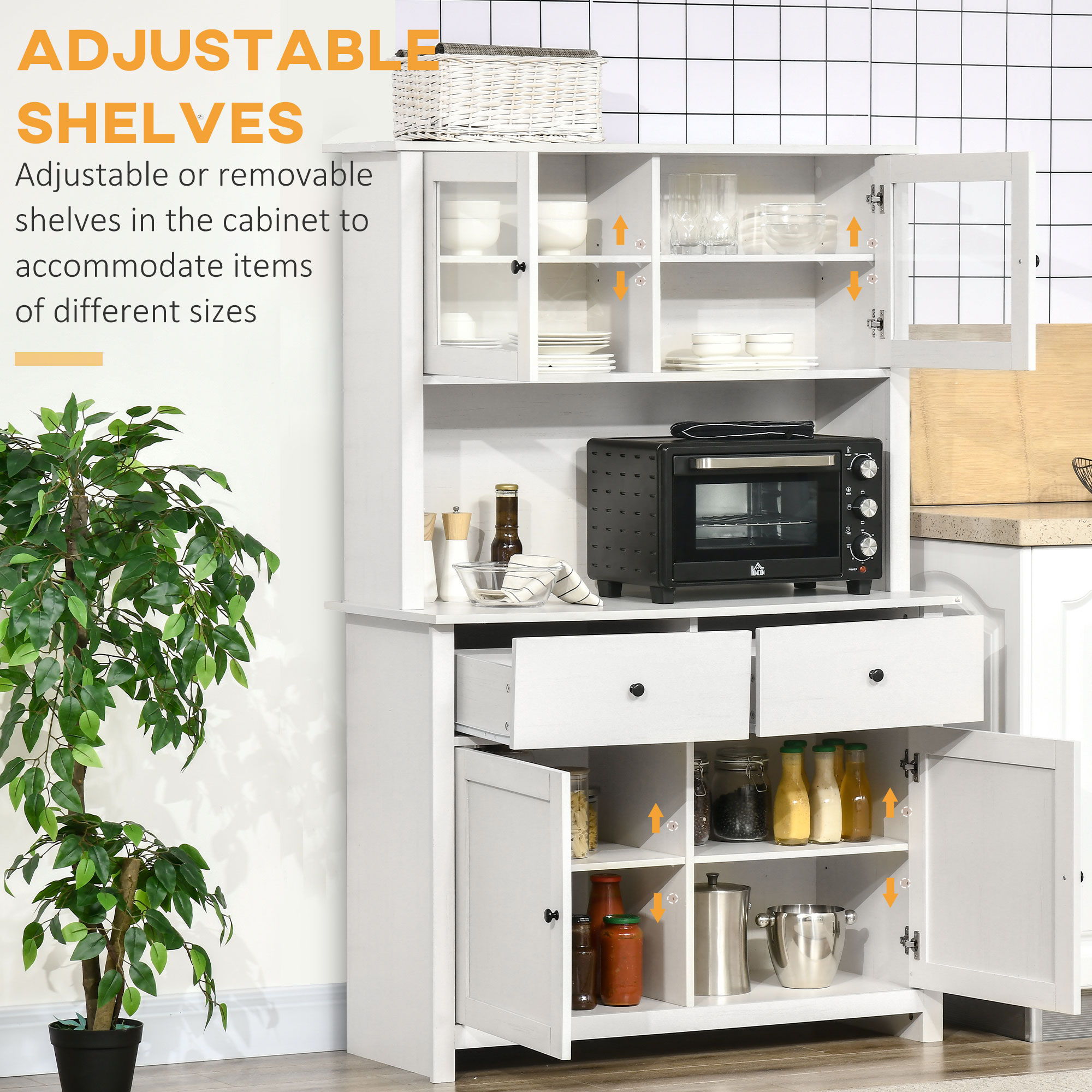 Homcom - 63.5" Kitchen Buffet With Hutch, Pantry Storage Cabinet With 4 Shelves, Drawers, Framed Glass Doors, Open Microwave Countertop - Antique White
