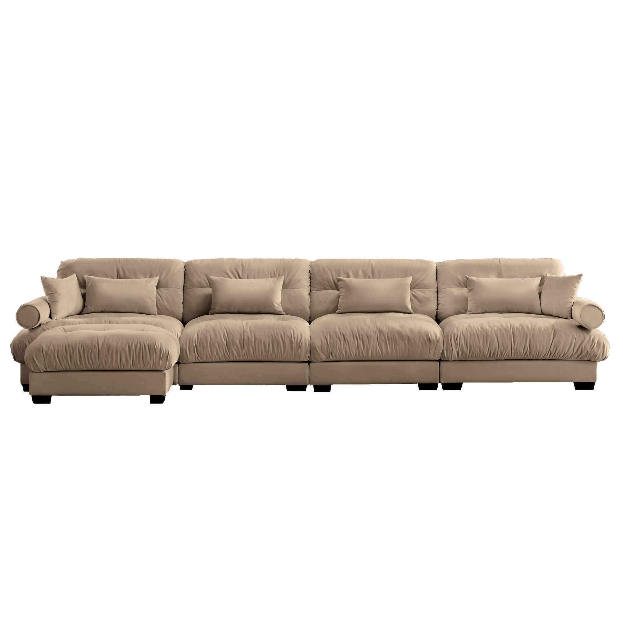 Modern Sectional Sofa With Ottoman, Round Bolster Armrests, Waist And Throw Pillows