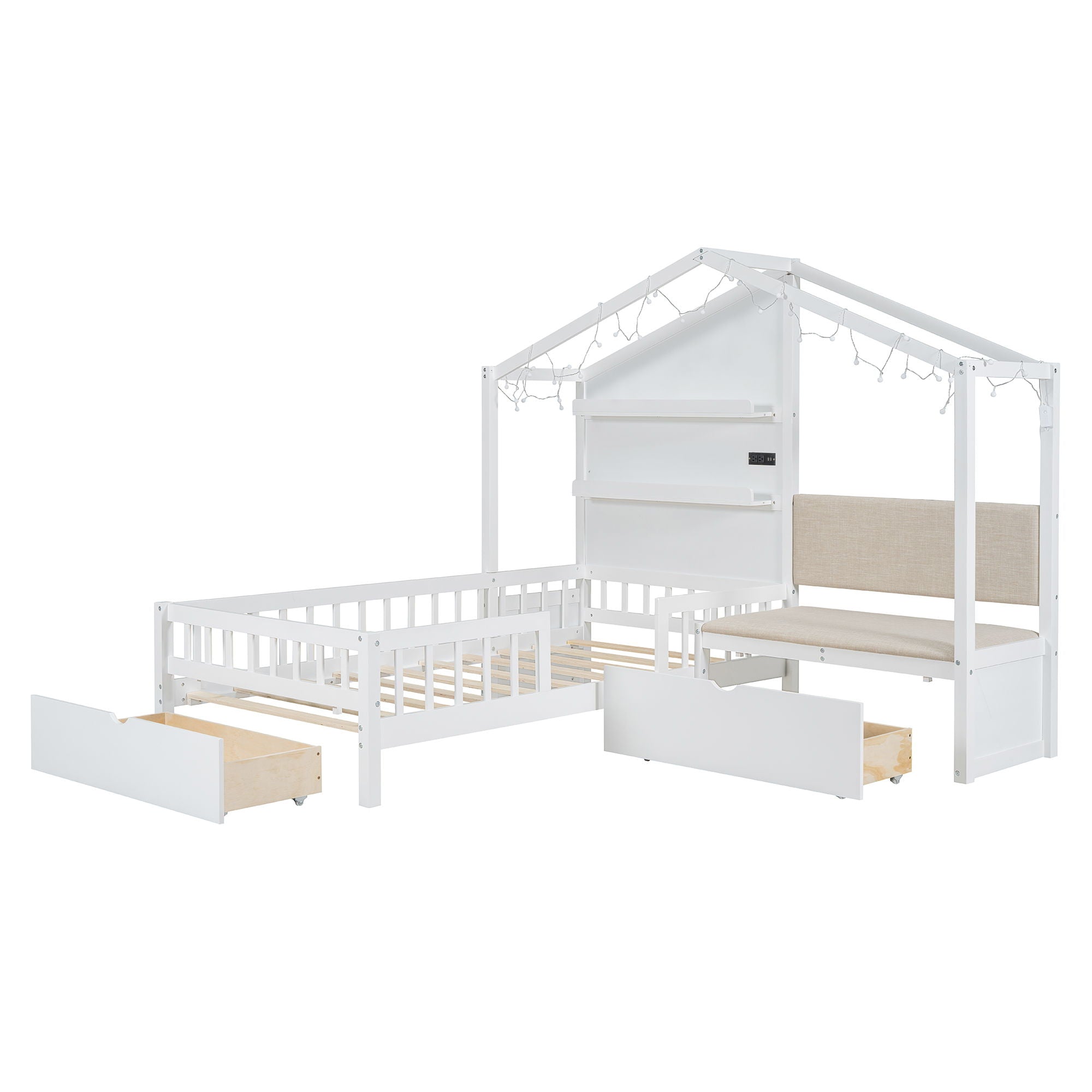 House Bed With Upholstered Sofa, Wireless Charging Station, Shelves And 2 Drawers