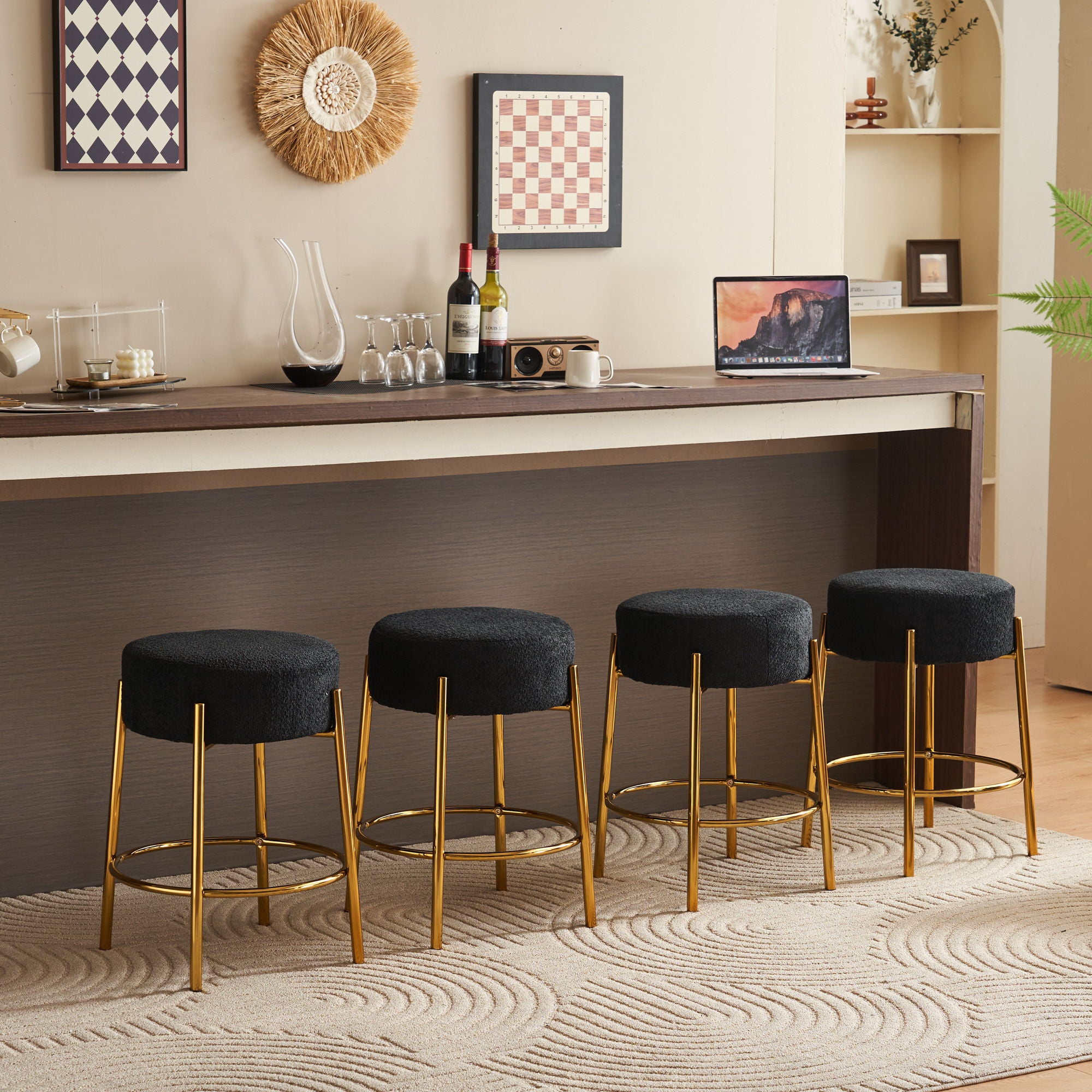 Round Bar Stools (Set of 2), Contemporary Upholstered Dining Stools For Kitchens, Coffee Shops And Bar Stores - Legs