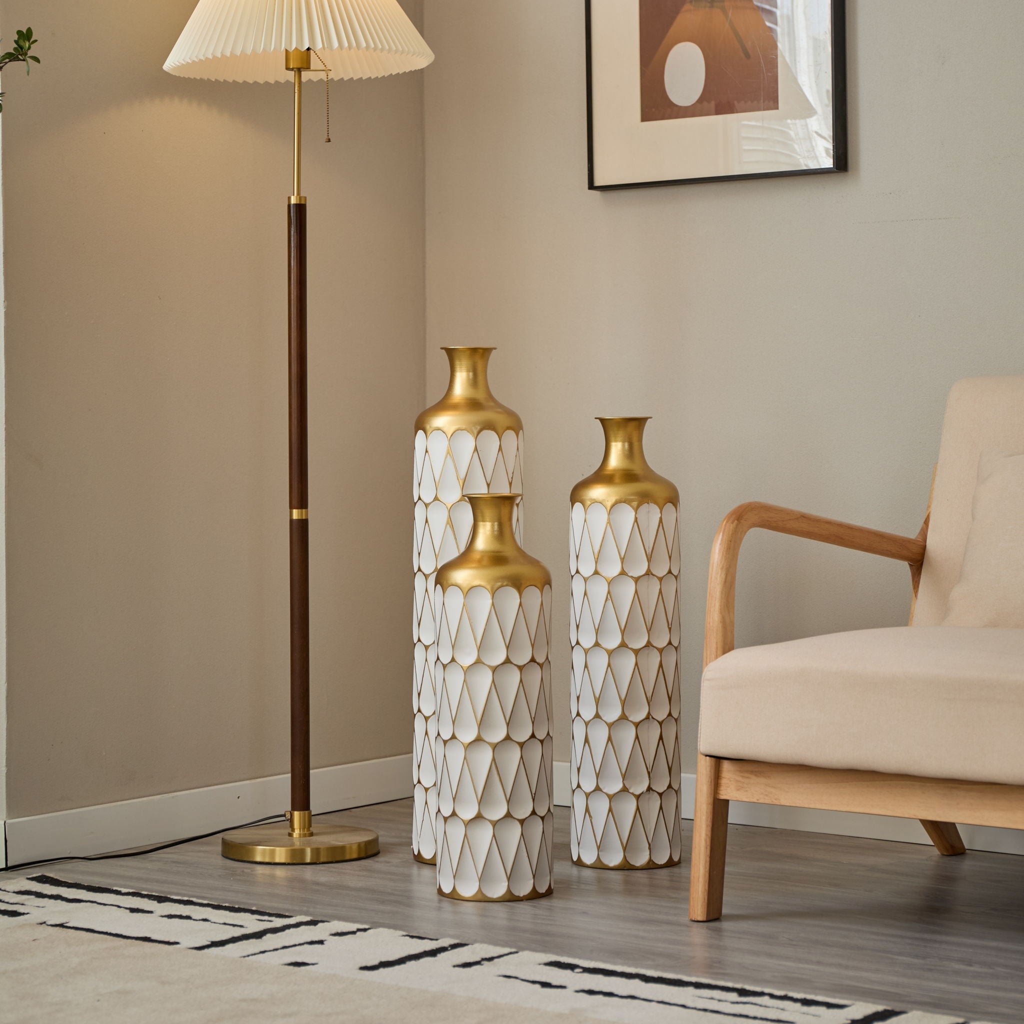 Floor Metal Vase Modern Style Decoration Home Droplet Shaped Metal Vase 3 Piece Set Gorgeous Home Decoration Large Glazed Metal Vase - Gold / White