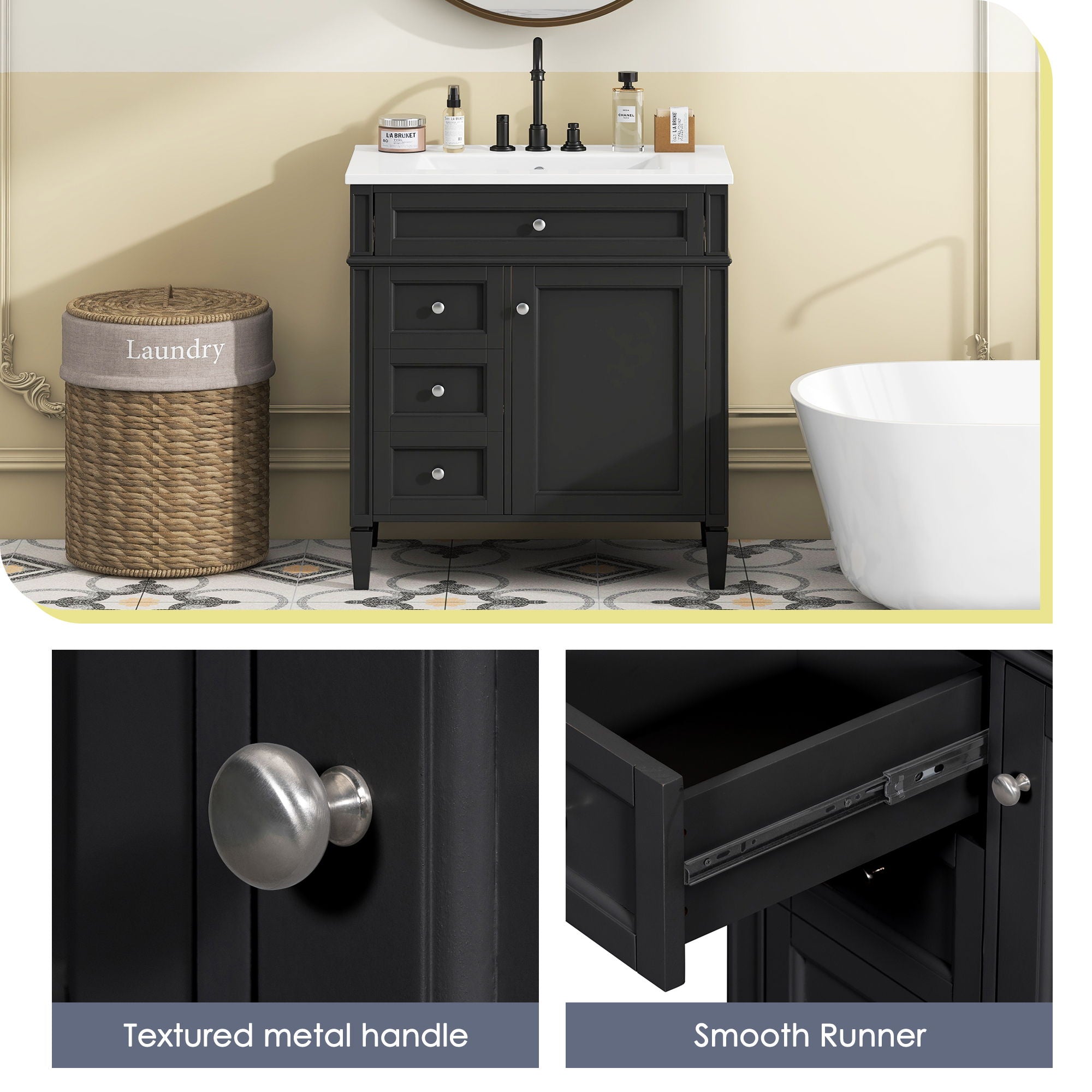 Bathroom Vanity With Top Sink, Storage Cabinet With 2 Drawers, Tip Out Drawer