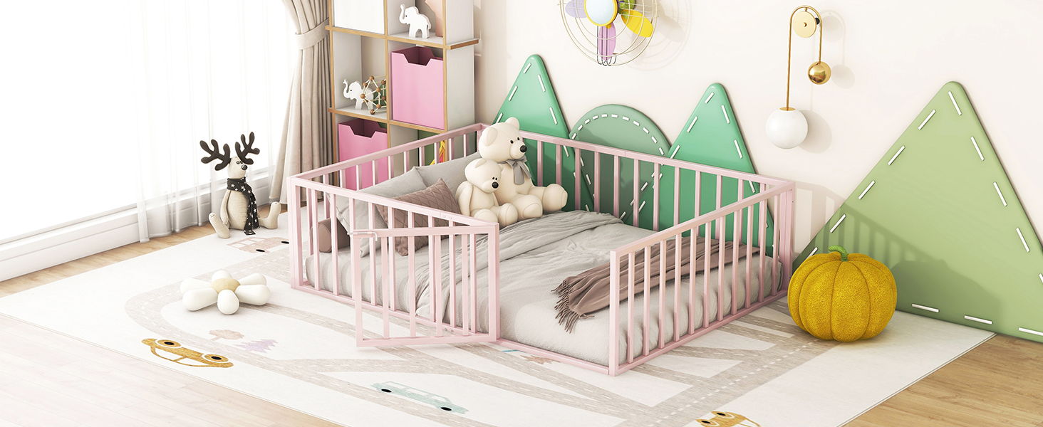 Metal Floor Bed Frame With Fence And Door