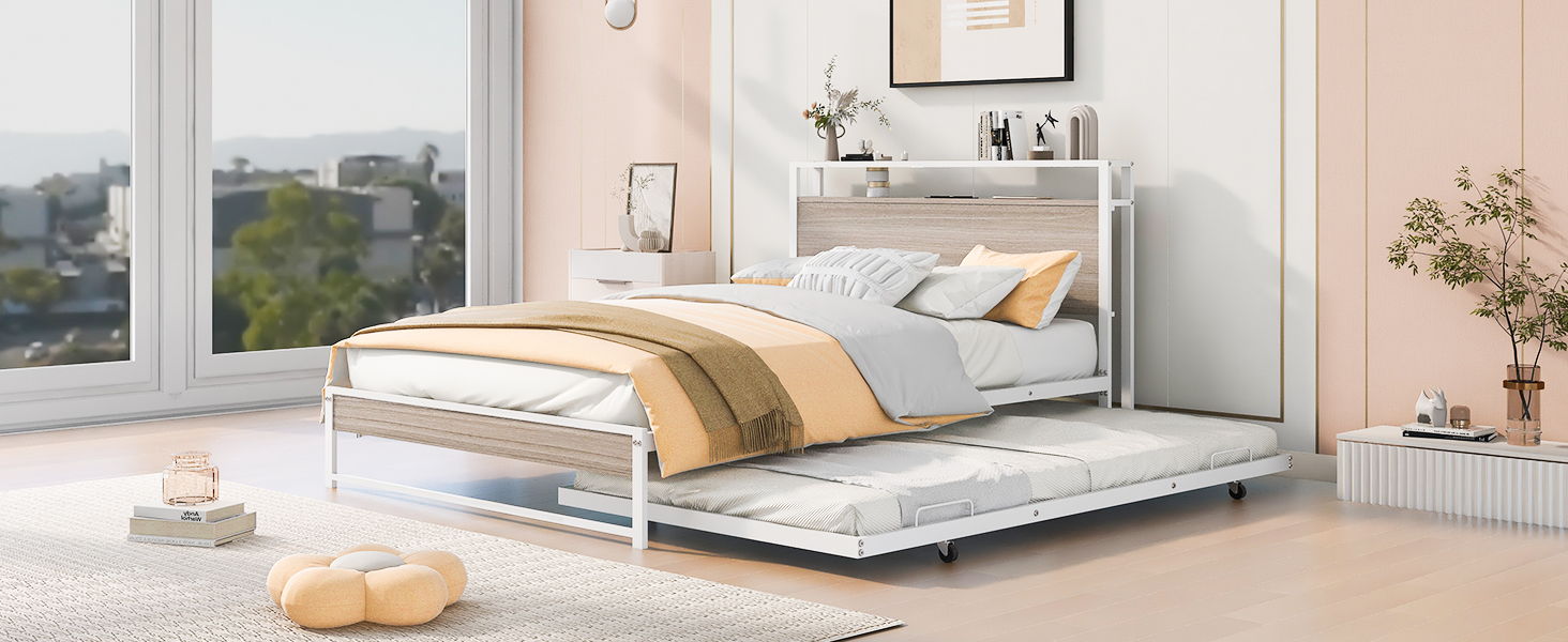 Platform Bed Frame With Trundle, USB Ports And Slat Support, No Box Spring Needed
