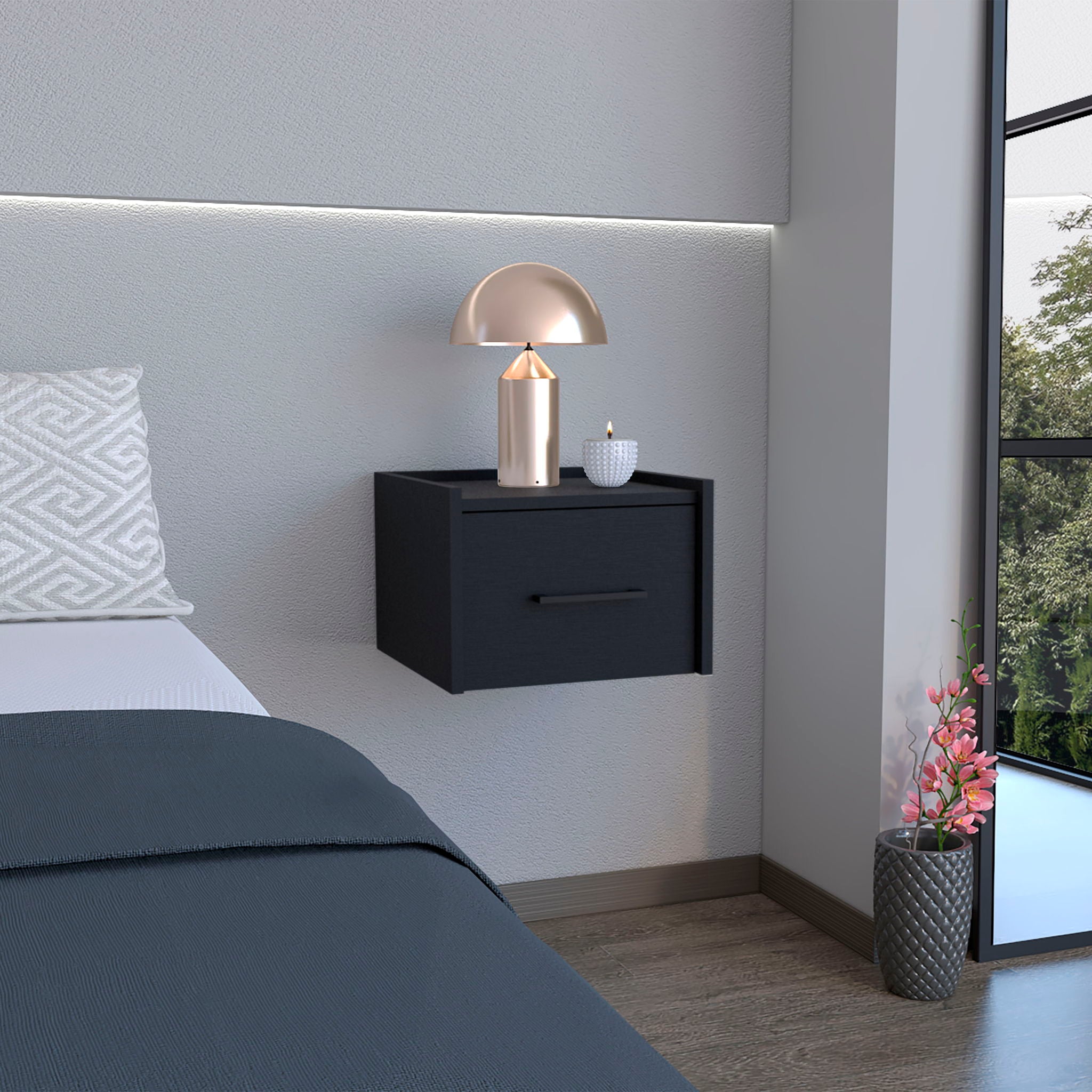 Floating Nightstand, Space Saving Design With Handy Drawer And Surface - Black