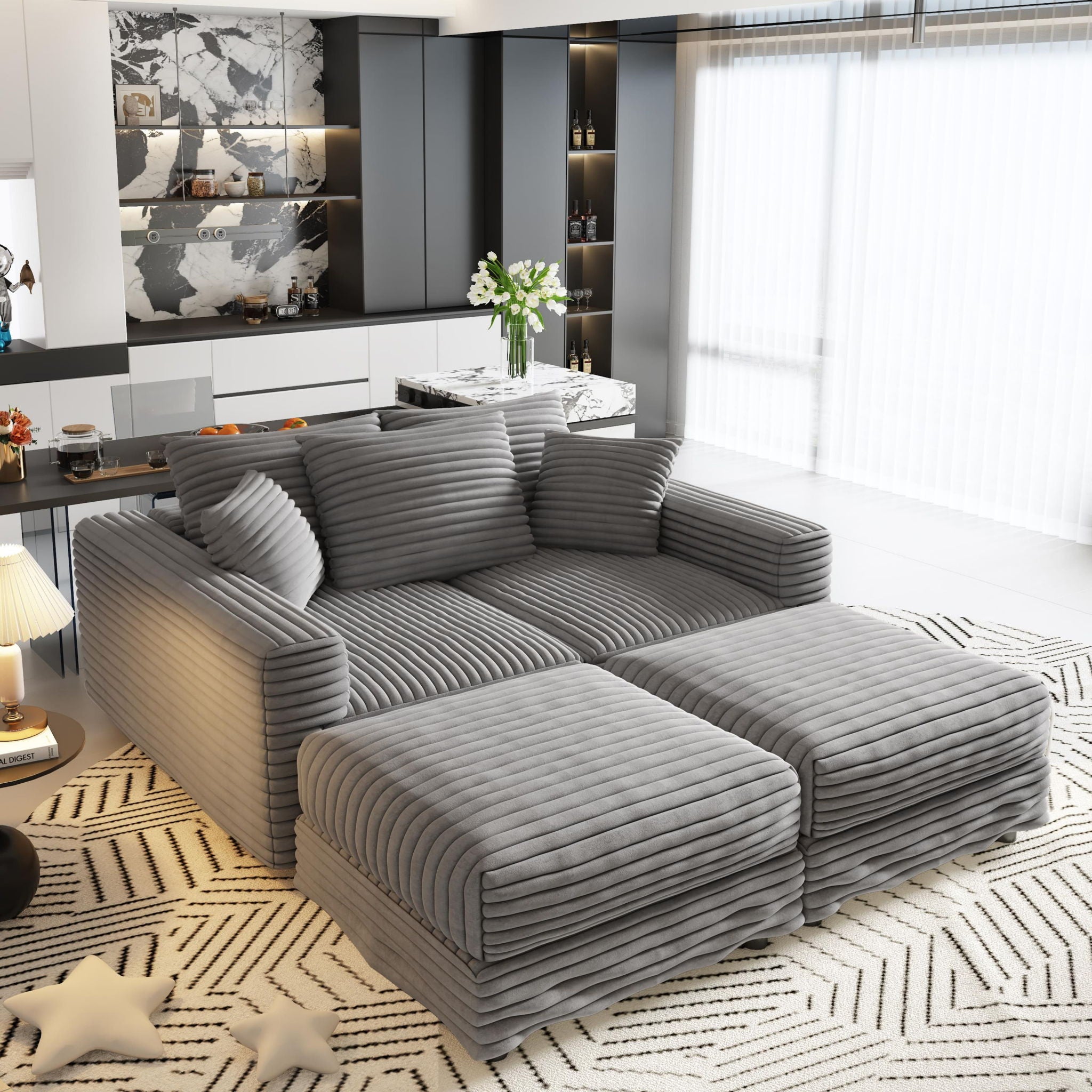 Convertible Deep Seat Sofa With Soft Pillows And Ottomans