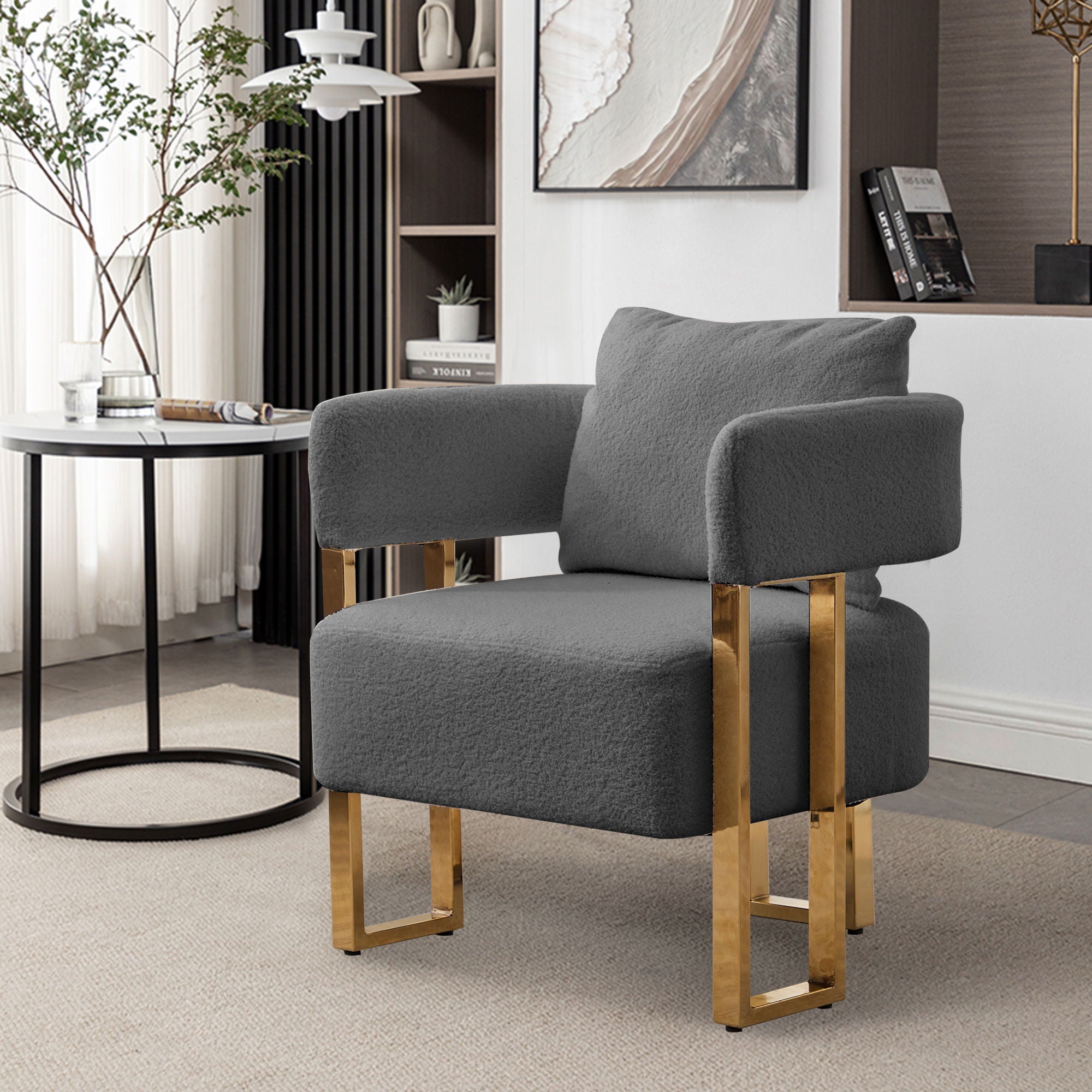 Modern Decorative Chair Teddy Fleece Upholstered And Metal Foot