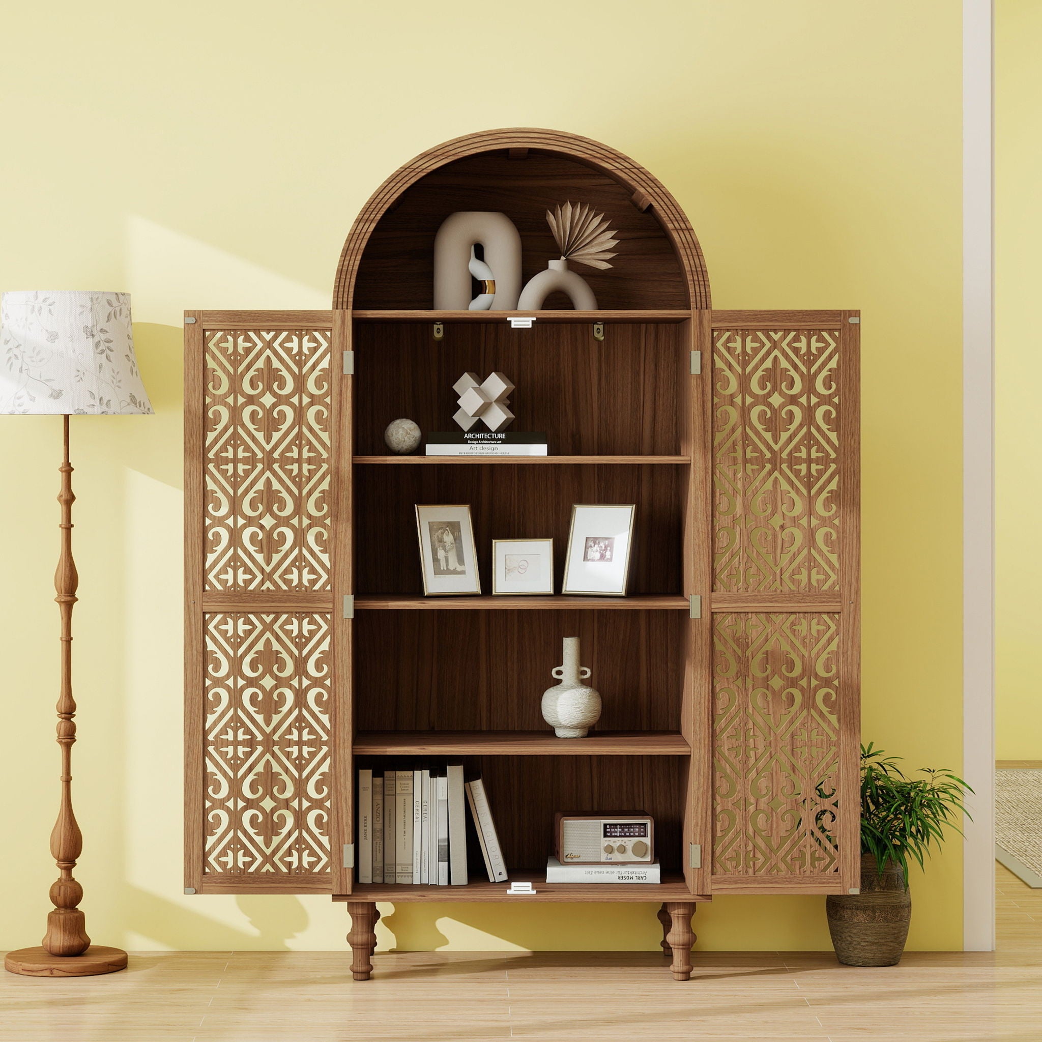 Tall Kitchen Pantry Cabinet With Hollow Carved Doors Adjustable Shelves Versatile Storage Cabinet For Kitchen - Walnut