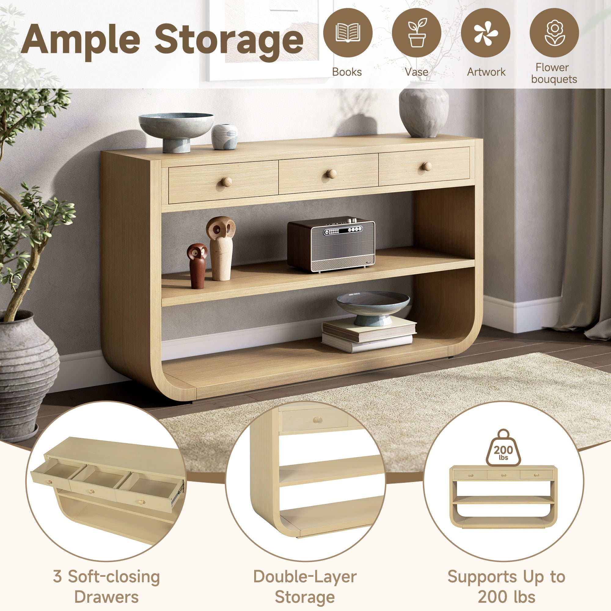 Console Table With 3 Soft Close Drawers & 2 Open Shelves