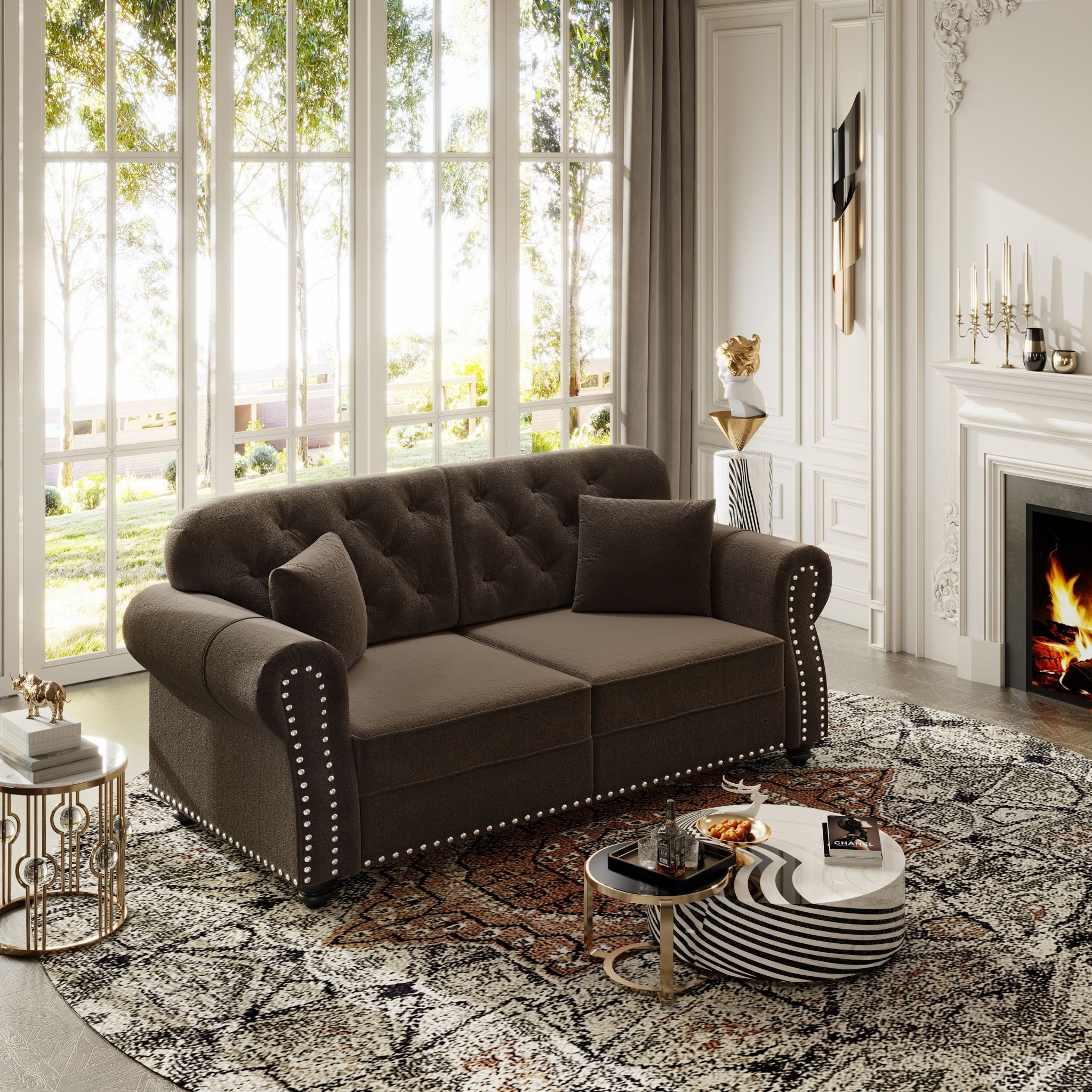 Upholstered Sofa Set With Nailhead Trim And Rolled Armrests, Includes Pillows