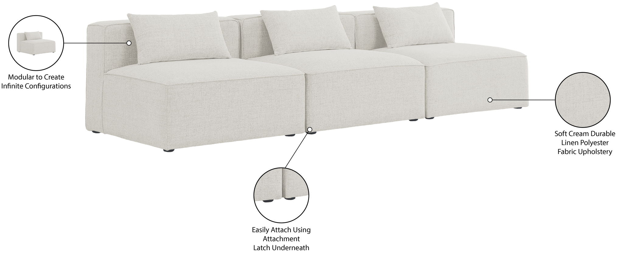 Cube - Linen Modular 3 Seat Armless Sofa