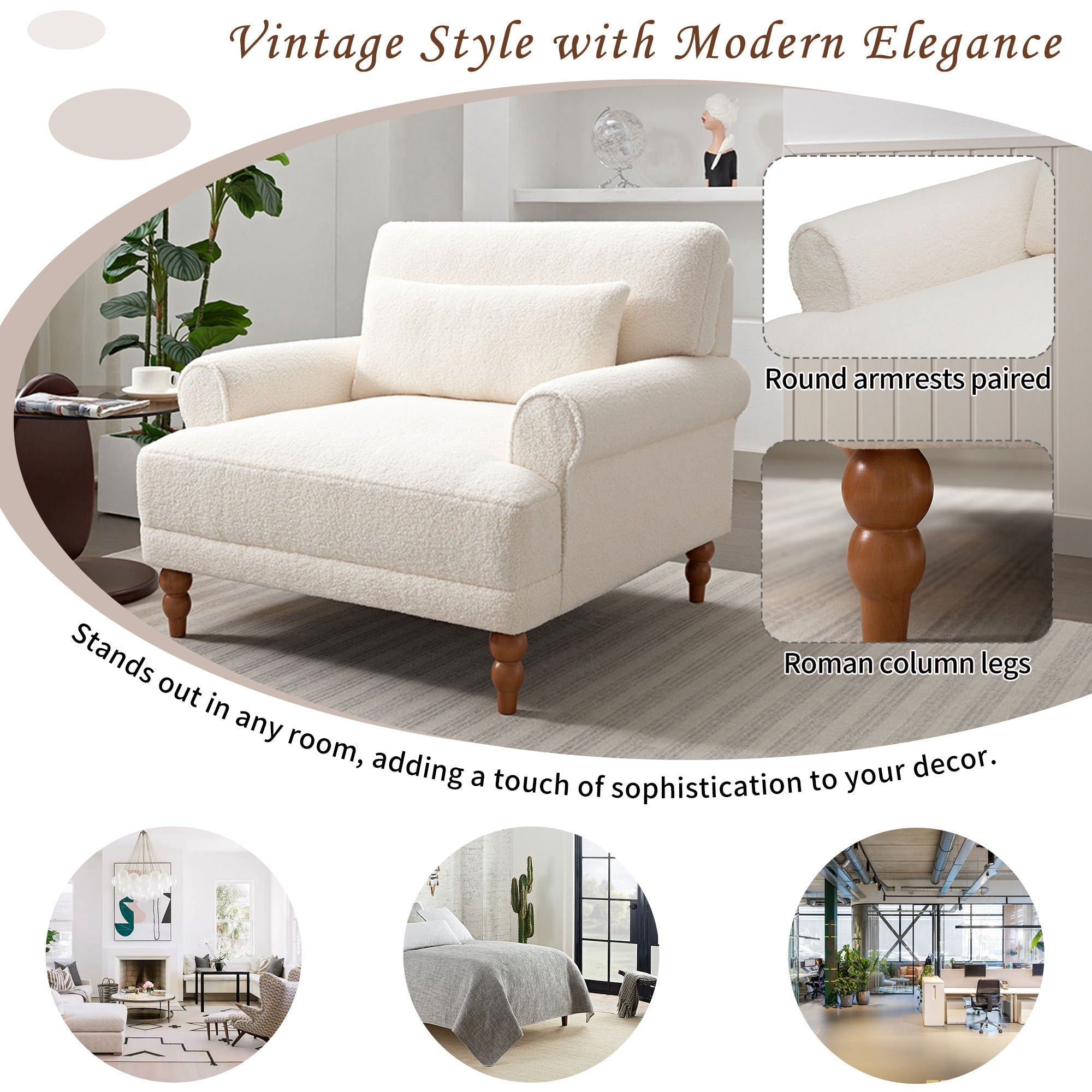 Elegant Circular Armrests, Ergonomic Lumbar Support, Vintage Roman Column Legs, Luxurious Large Size, Enhances Living Room Aesthetics, For Living Room, Bedroom And Study