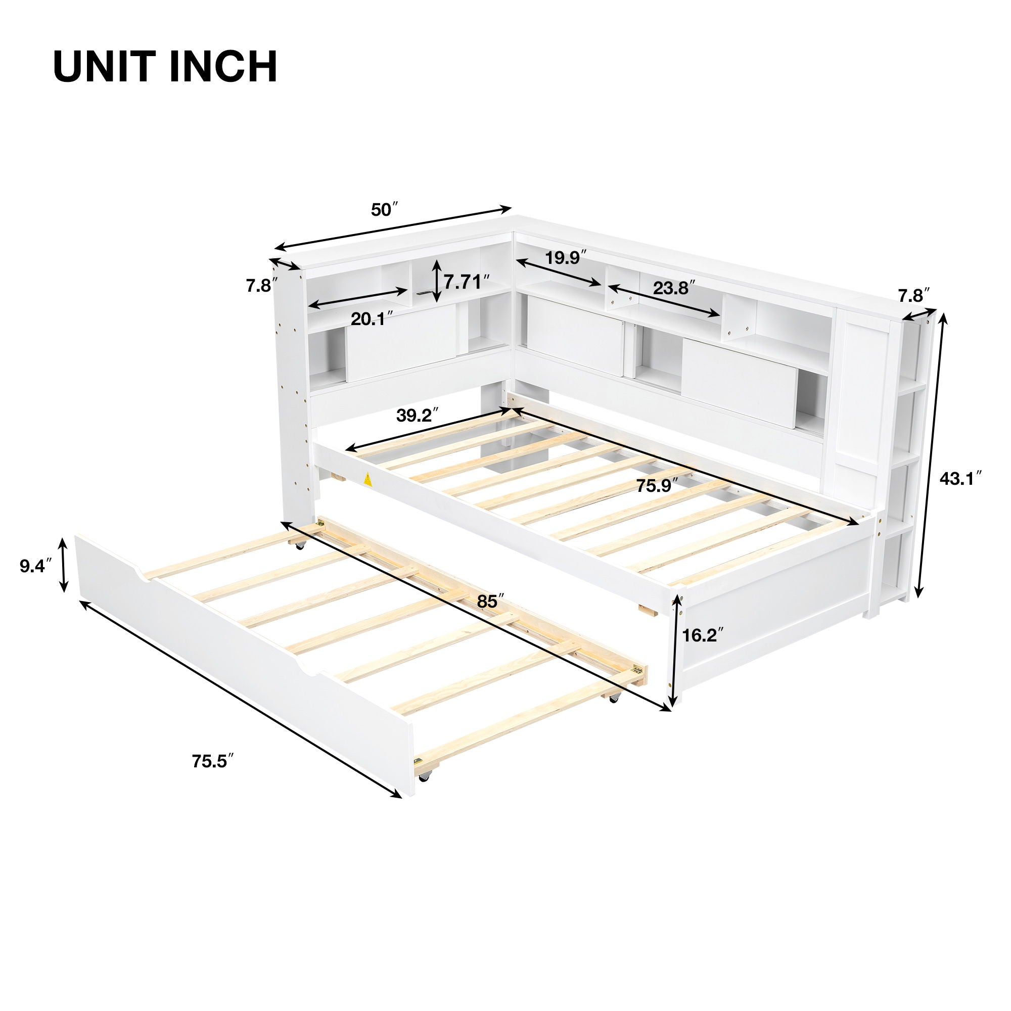 Daybed With Storage Shelves, USB Charging, And Trundle Bed