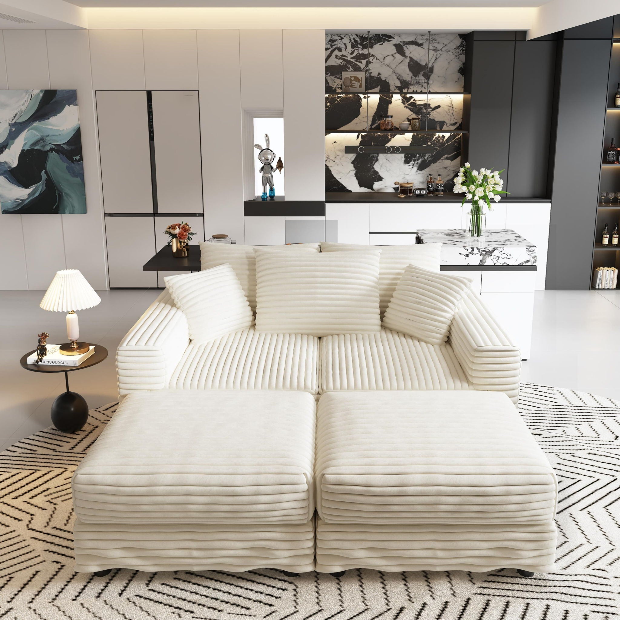 Deep Seat Convertible Sofa With Soft Pillows And Ottomans