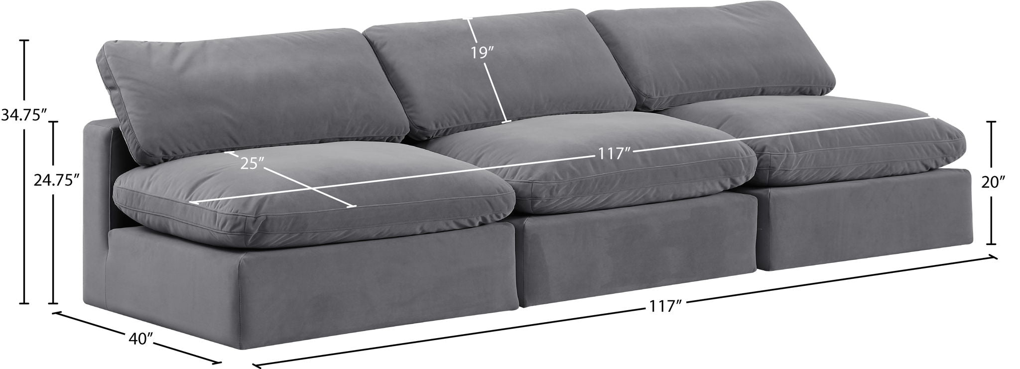 Comfy - Velvet Modular Armless Sofa 3 Seats