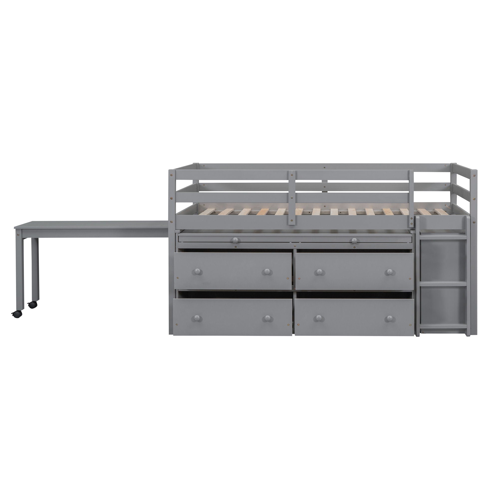 Loft Bed With Retractable Writing Desk And 4 Drawers, With Lateral Portable Desk And Shelves