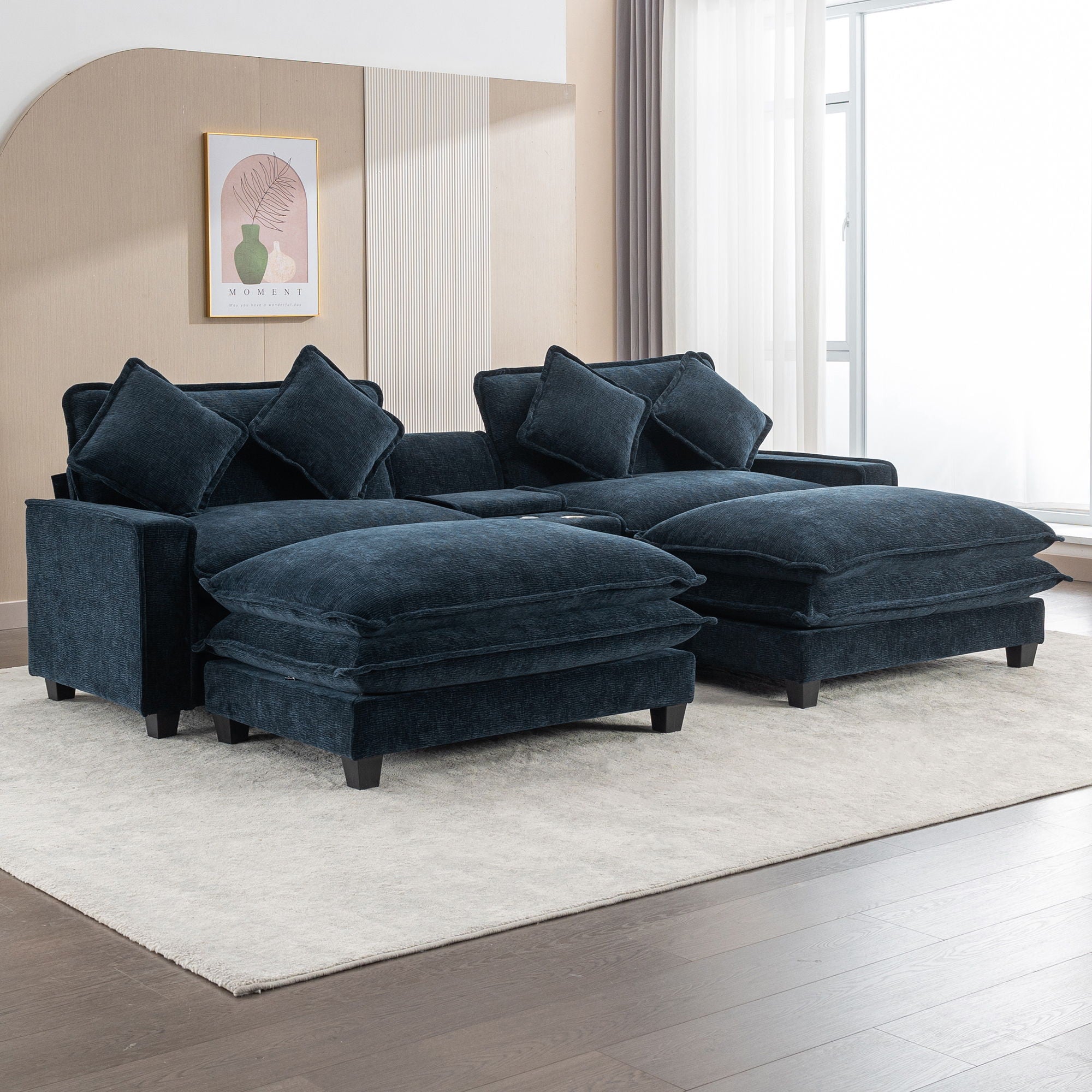 Sectional Sofa Upholstered Sofa With Two Removable Ottoman, Two USB Ports, Two Cup Holders And Large Storage Box For Living Room