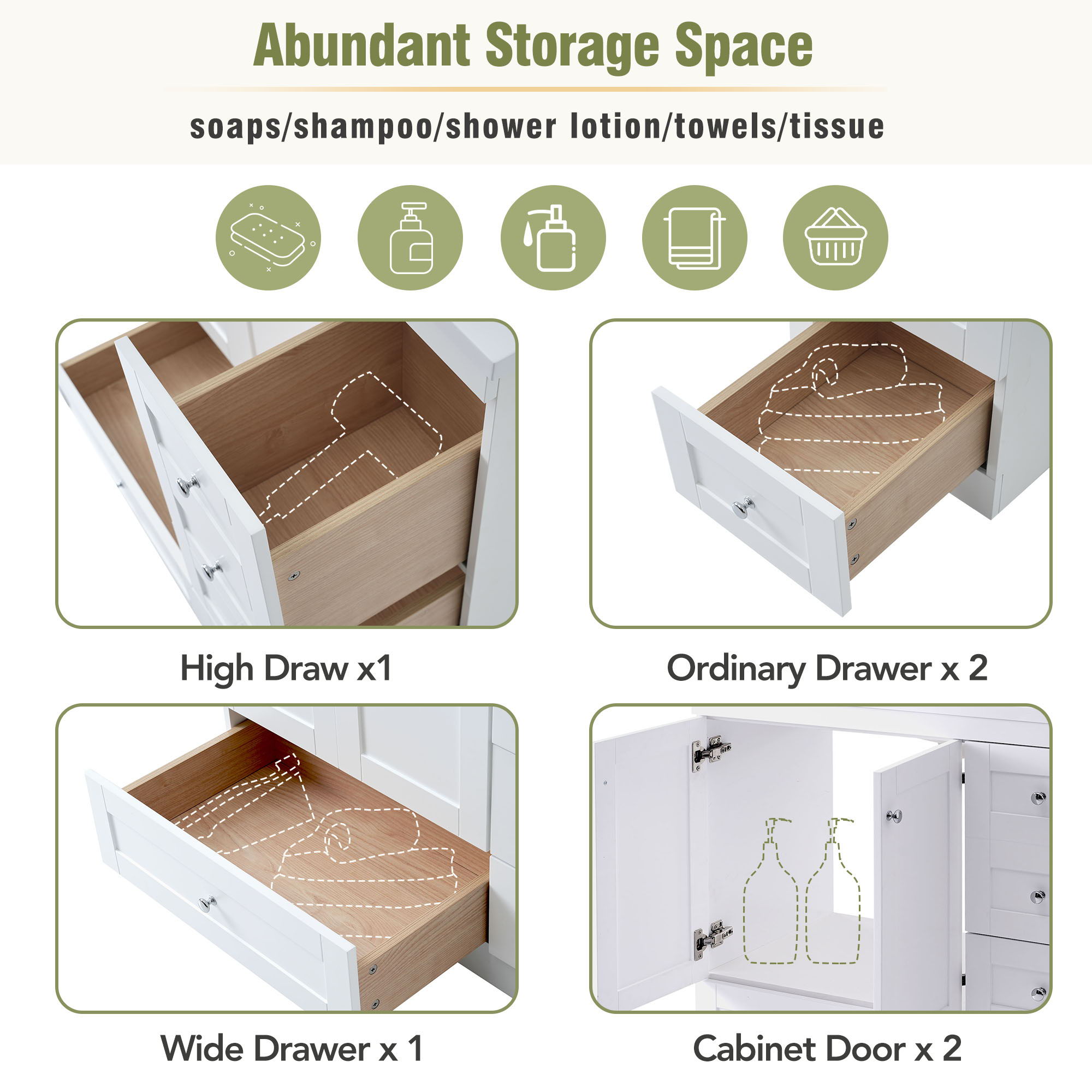 Shaker Free Standing Bathroom Vanity Cabinet With Sink, Soft Close Drawers, Soft Close Doors